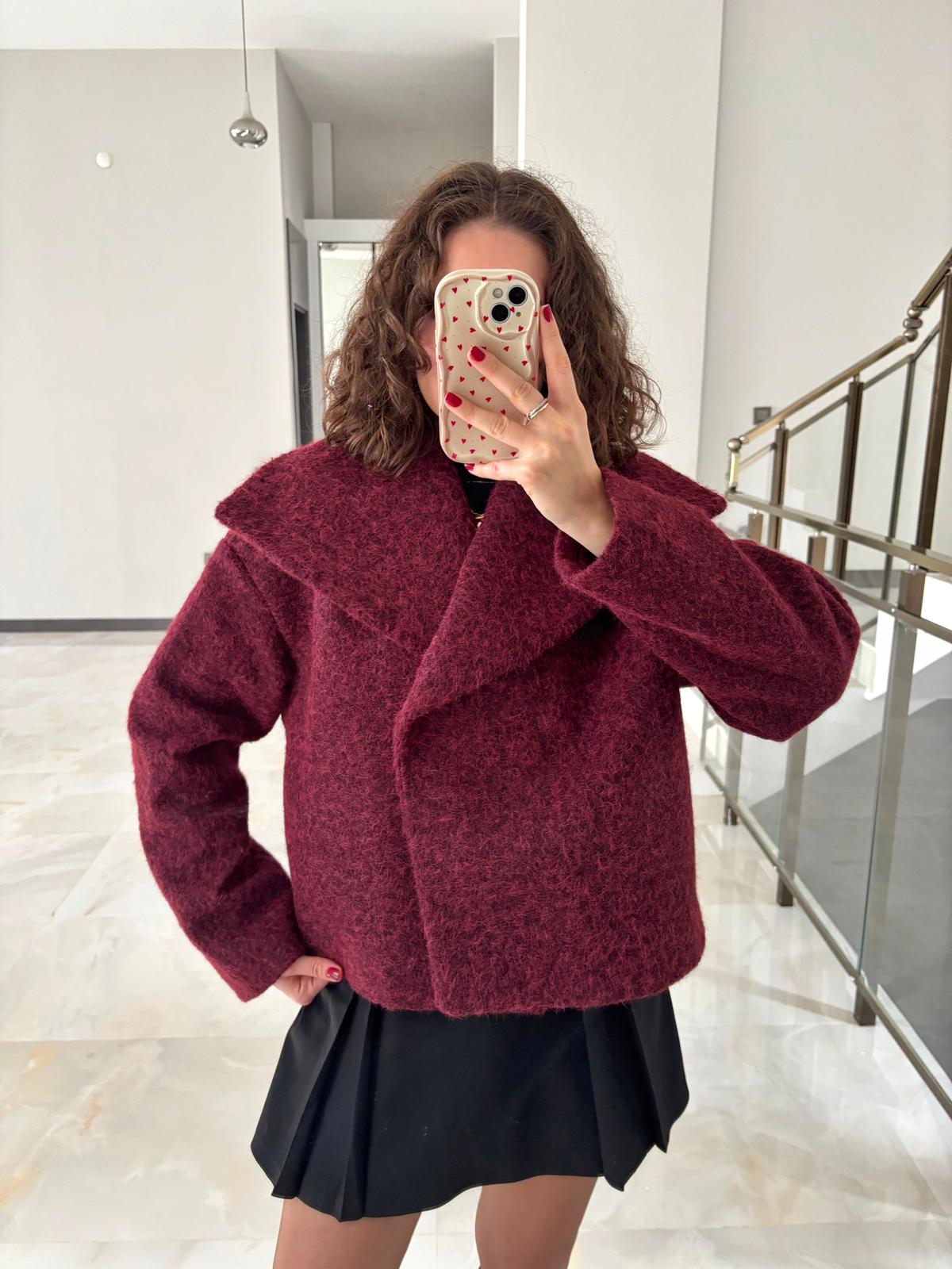 Geniş Şal Yaka Dokulu Kısa Kaban - Bordo