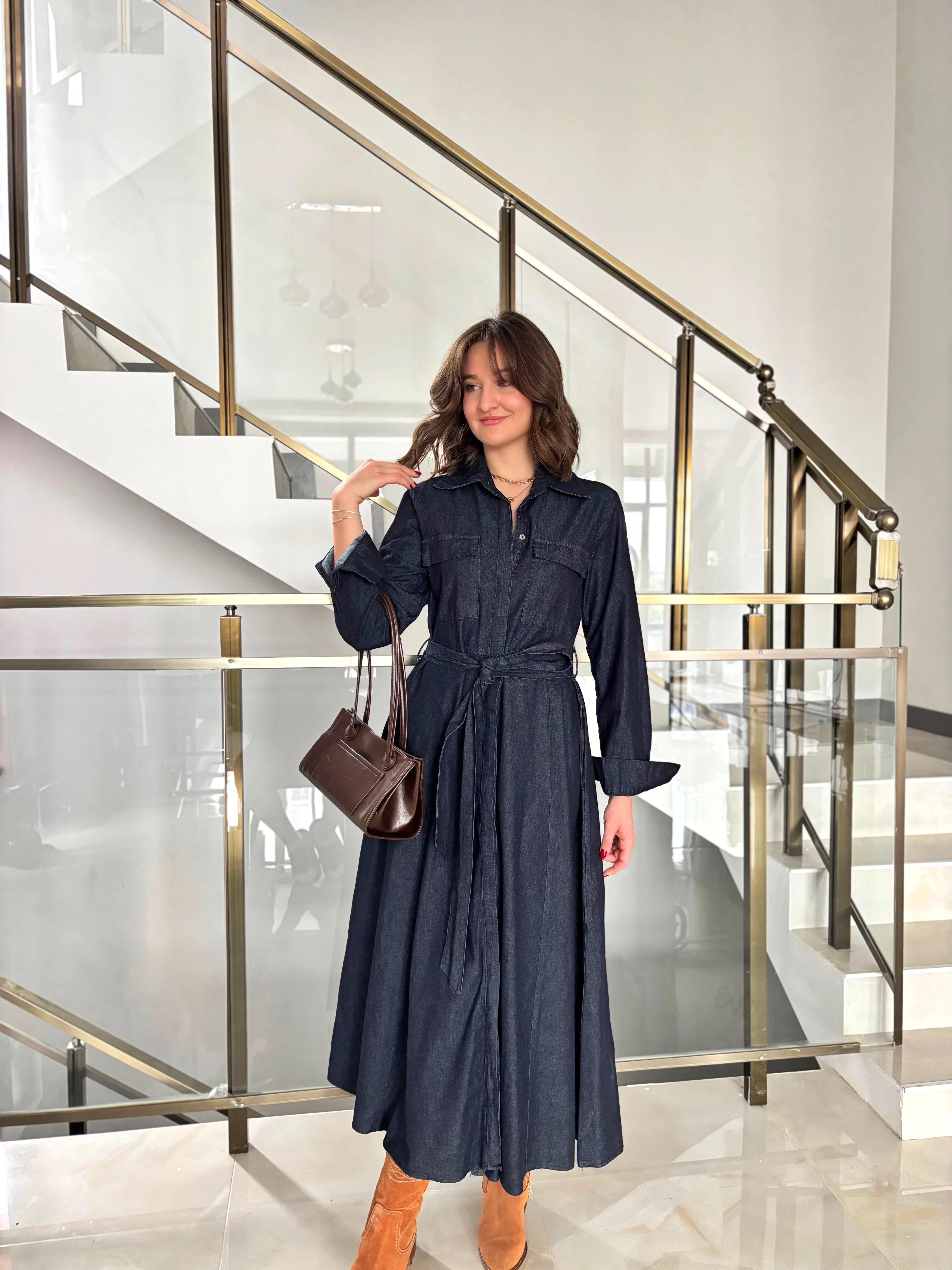 Kuşakli Midi Boy Denim Gömlek Elbise 