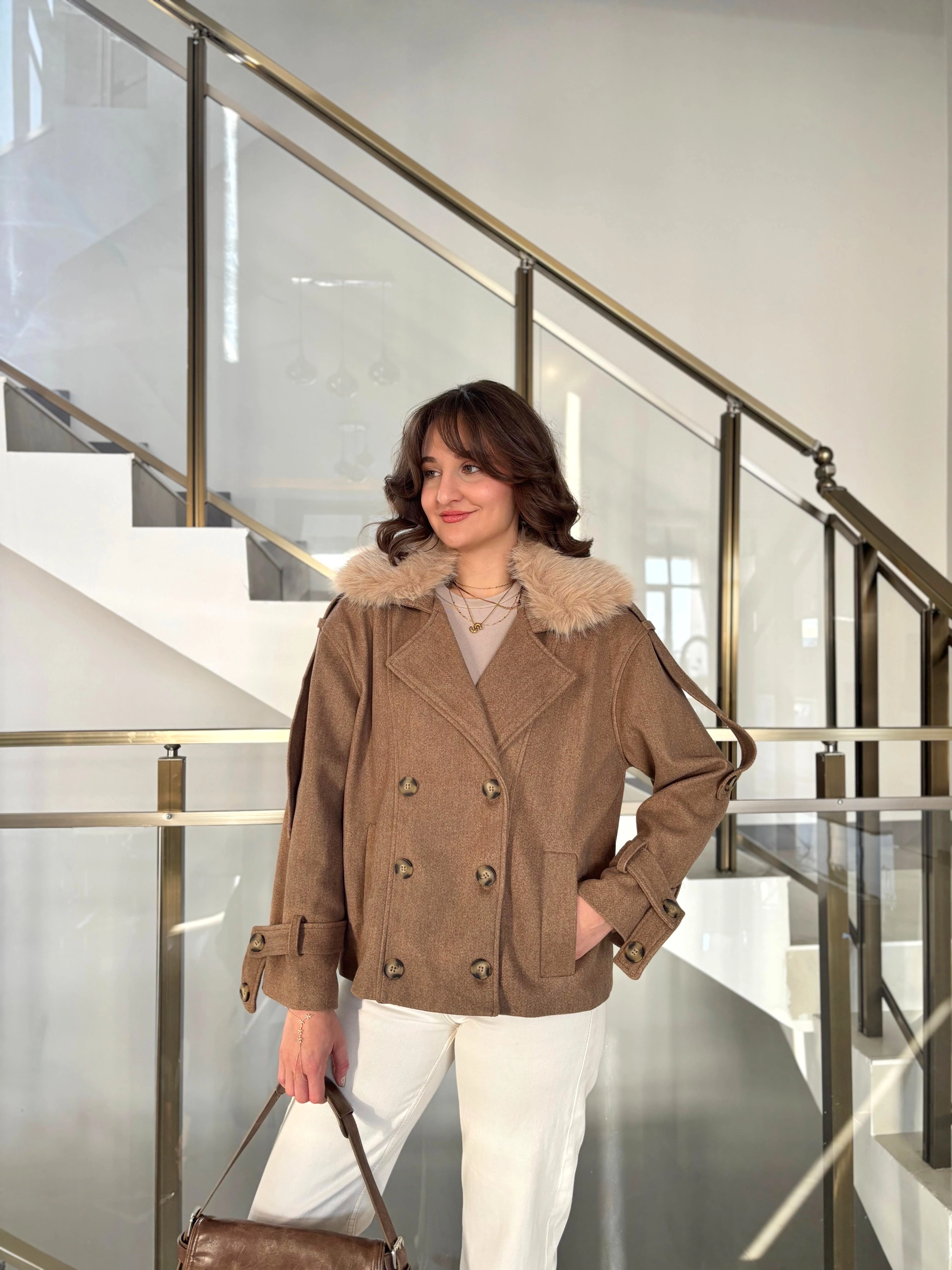 Yakası Kürk Detaylı Kaşe Kaban