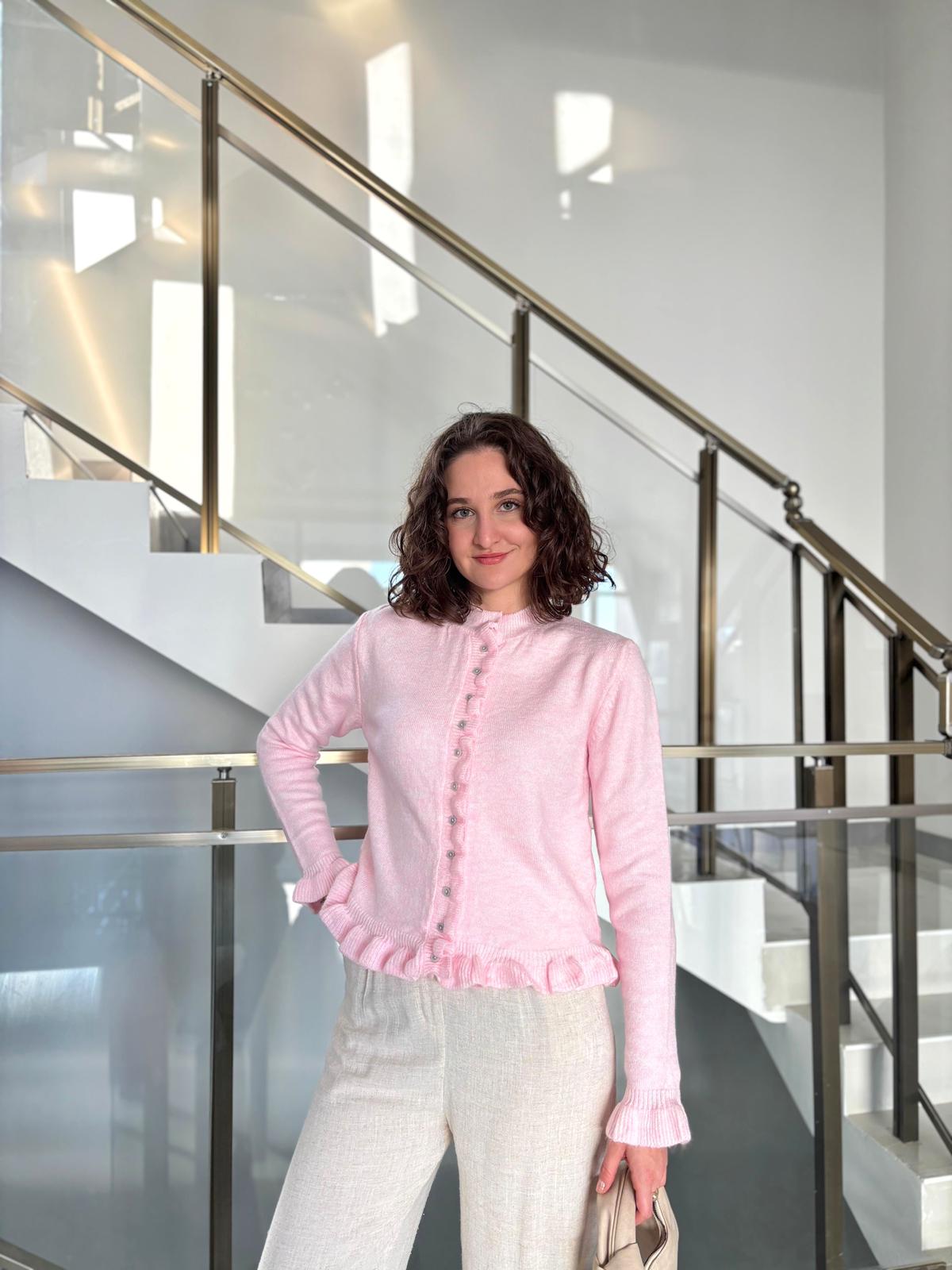 Fırfır Detaylı Triko Hırka - Toz Pembe