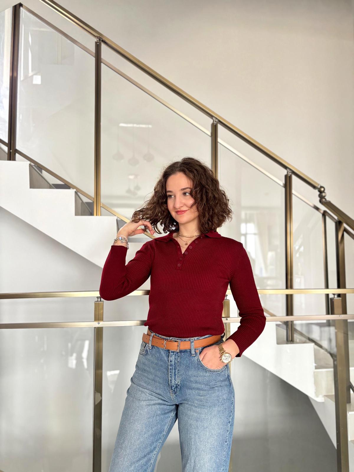 Polo Yaka Fitilli Triko Bluz - Bordo