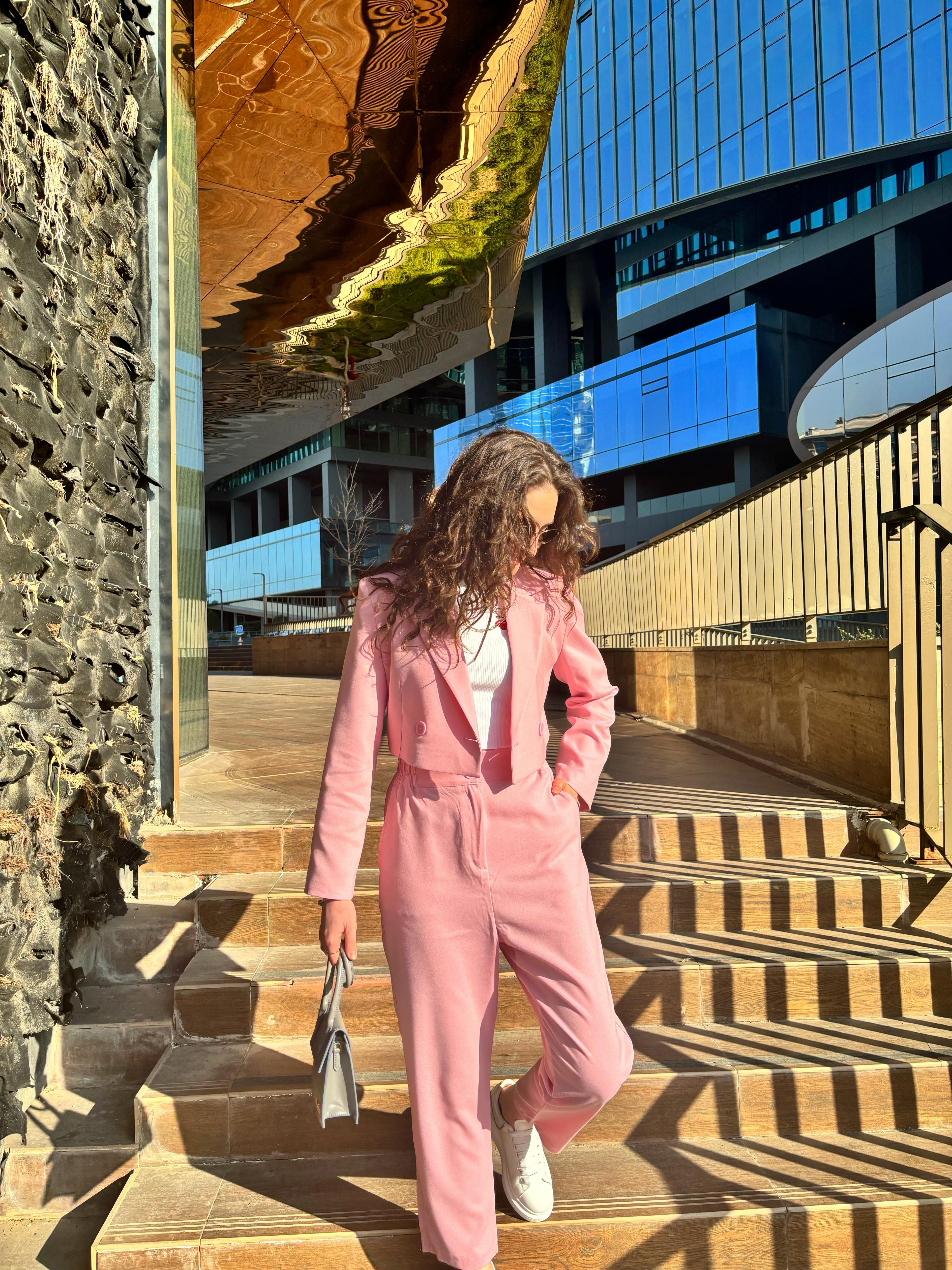 Kruvaze Crop Blazer Ceket Ve Pantolon Takım