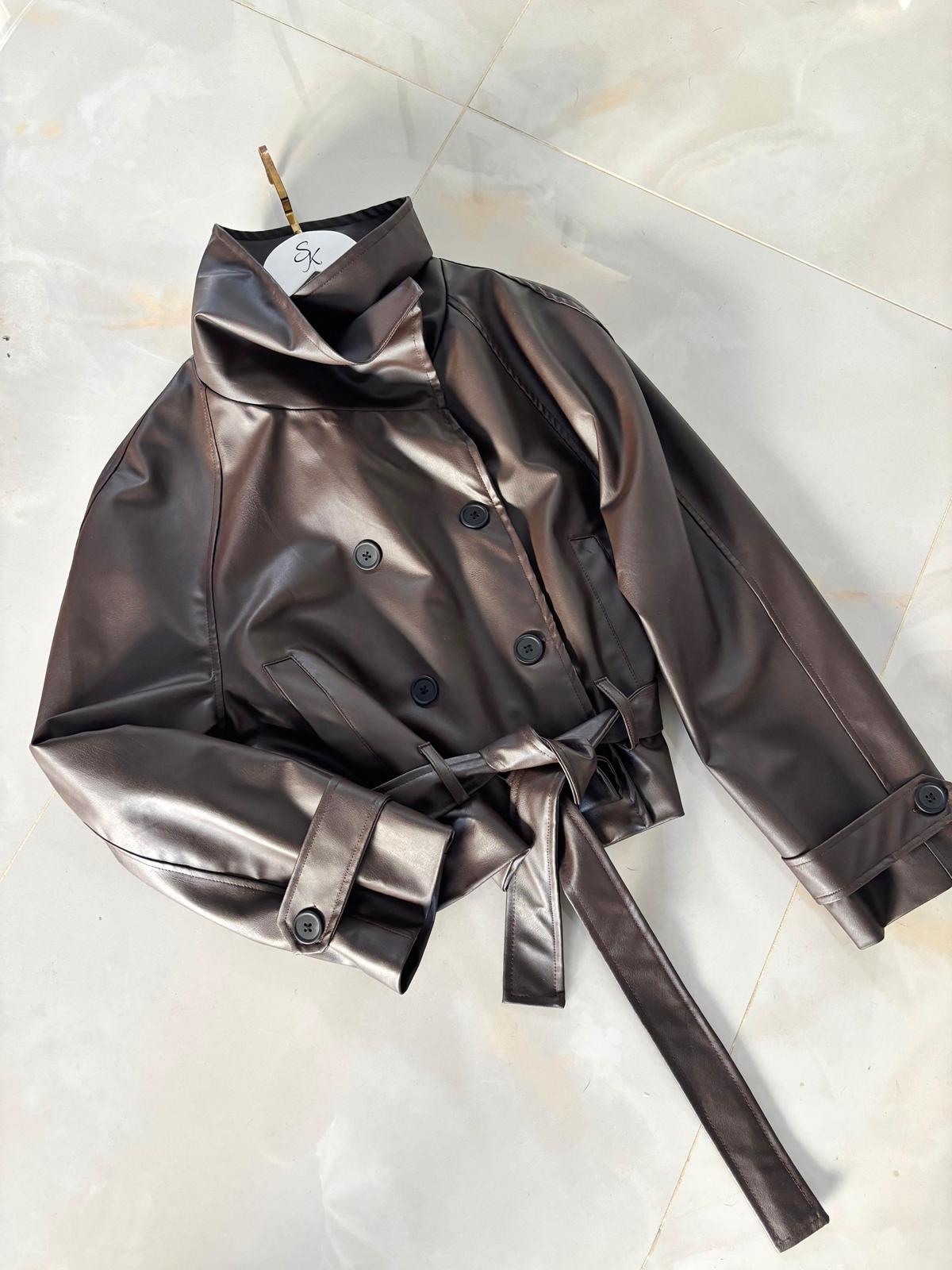 Dik Yaka Kuşaklı Premium Deri Ceket