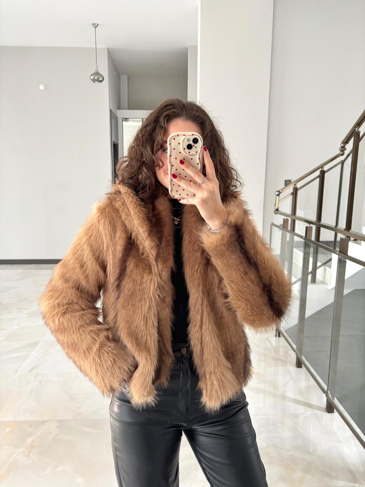 Şal Yaka Çizgili Tina Kürk (Dar kalıptır mutlaka bir beden büyük sipariş veriniz ! ) - Kahverengi