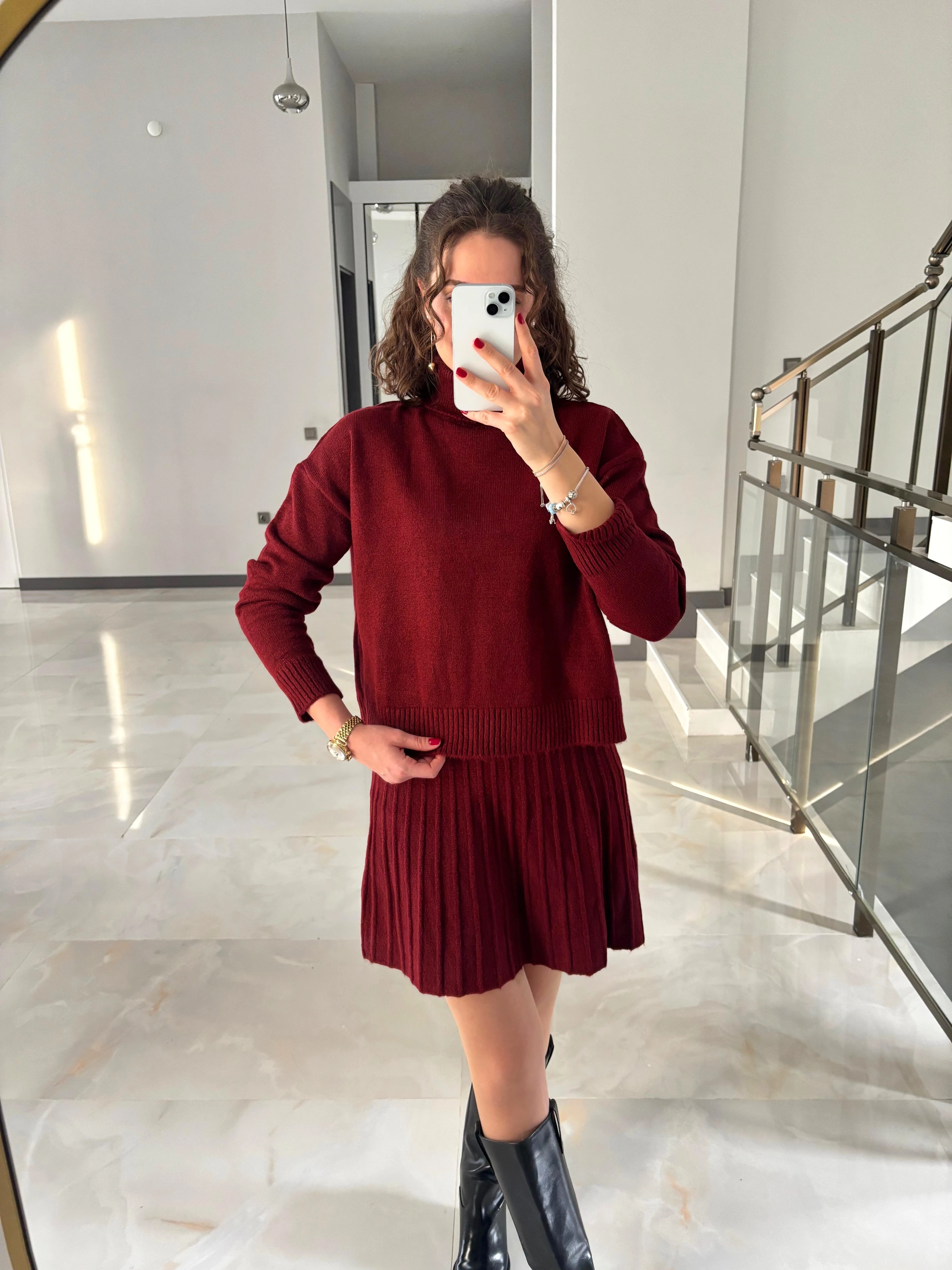 Boğazlı Kazak Etekli Triko Takım - Bordo