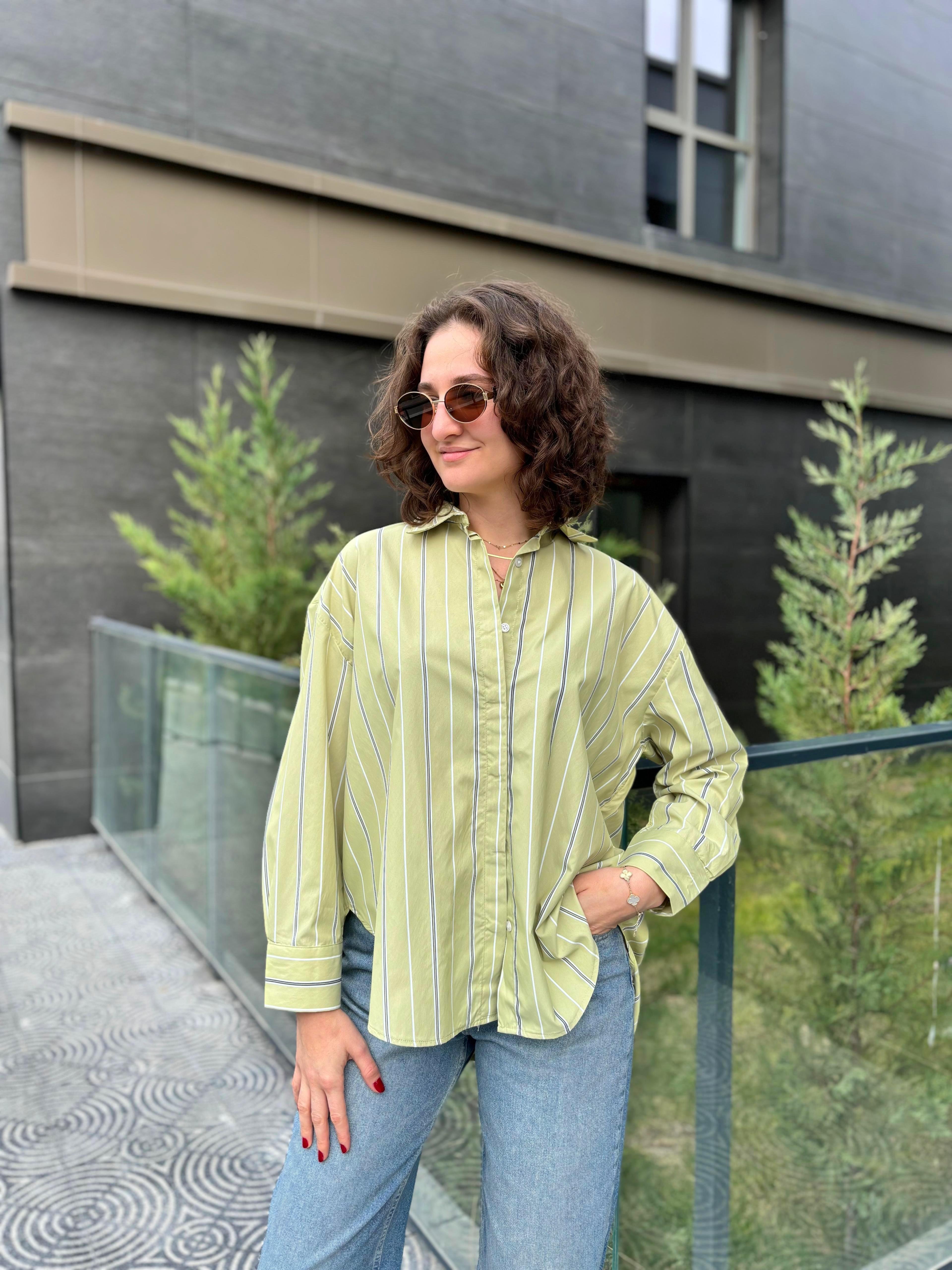 Çizgili Oversize Yeşil Poplin Gömlek