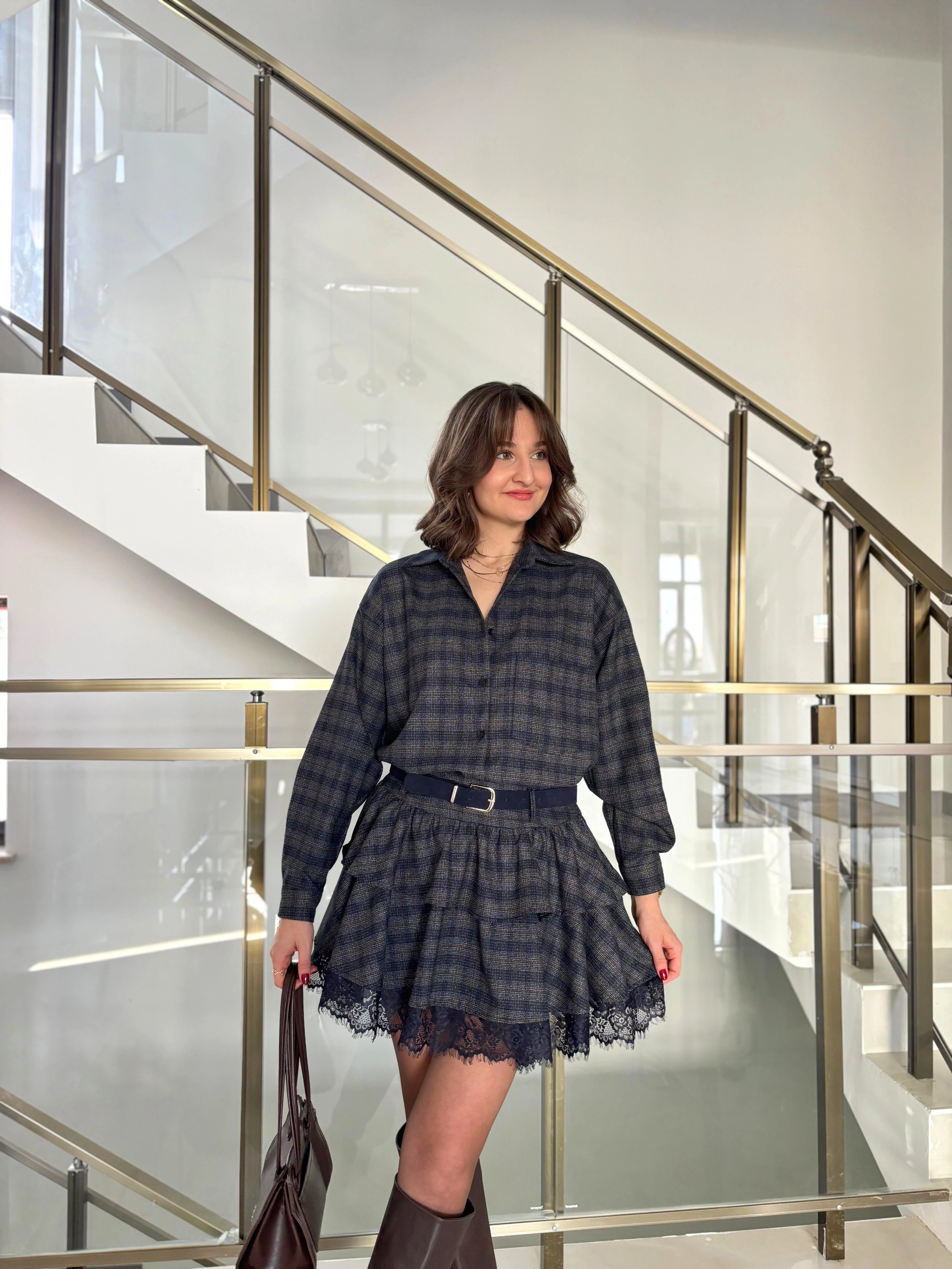 Dantel Detaylı Ekose Desen Etek Gömlek Takım