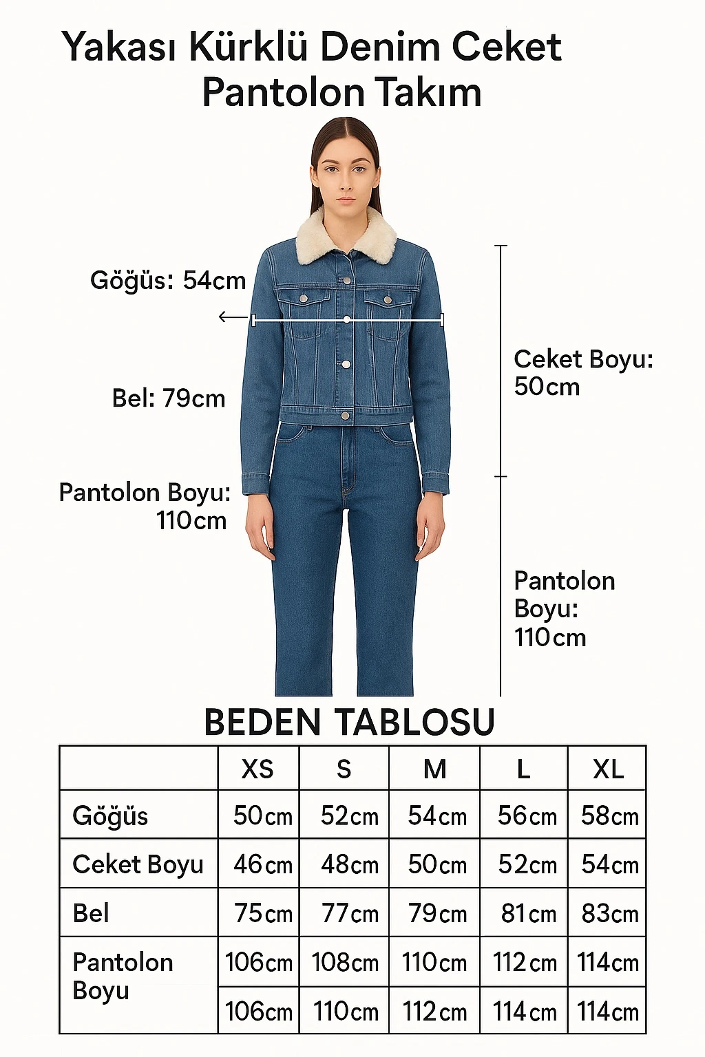 Yakası Kürklü Denim Ceket Pantolon Takım