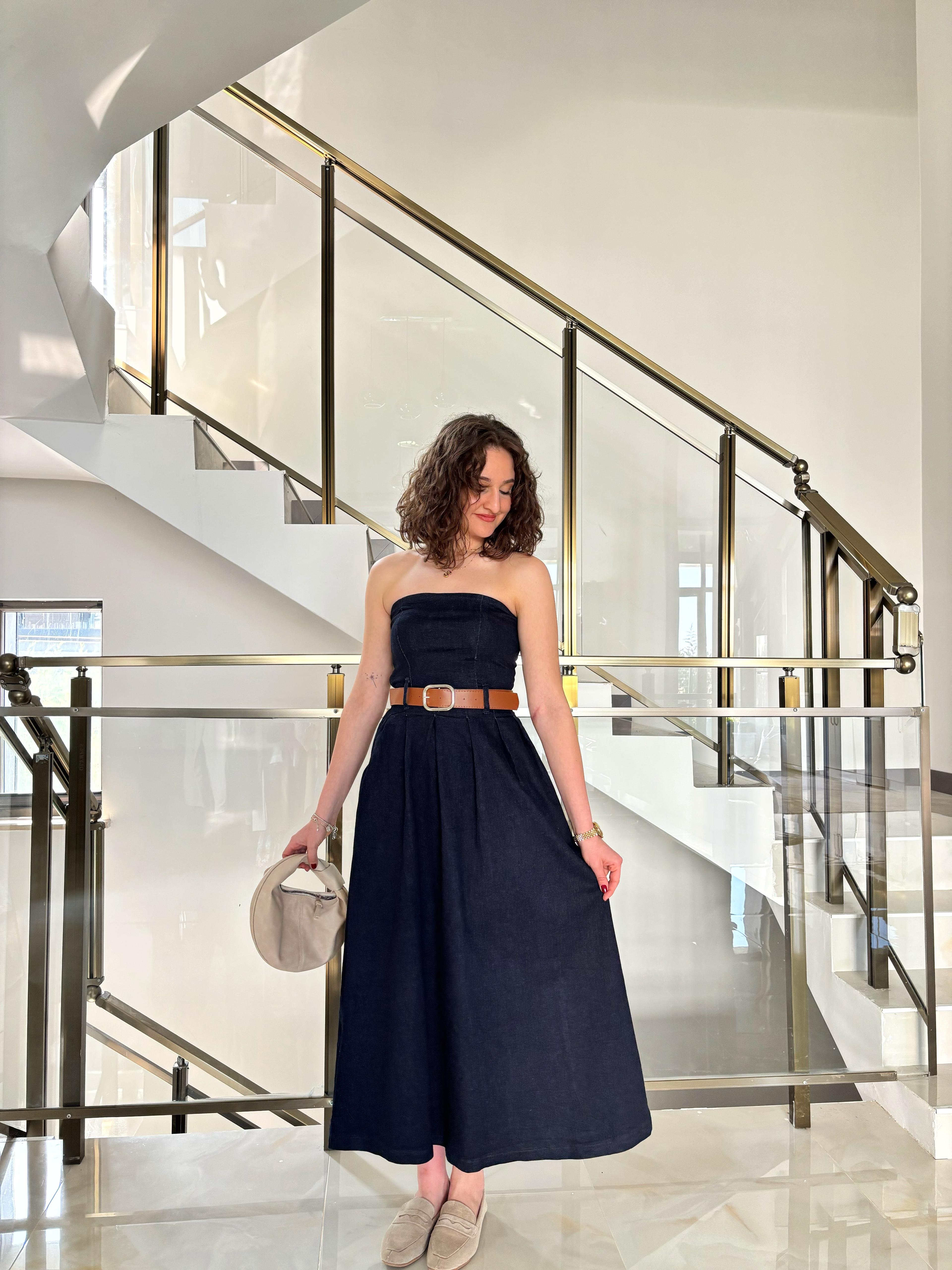 Straplez Kemerli Denim Elbise