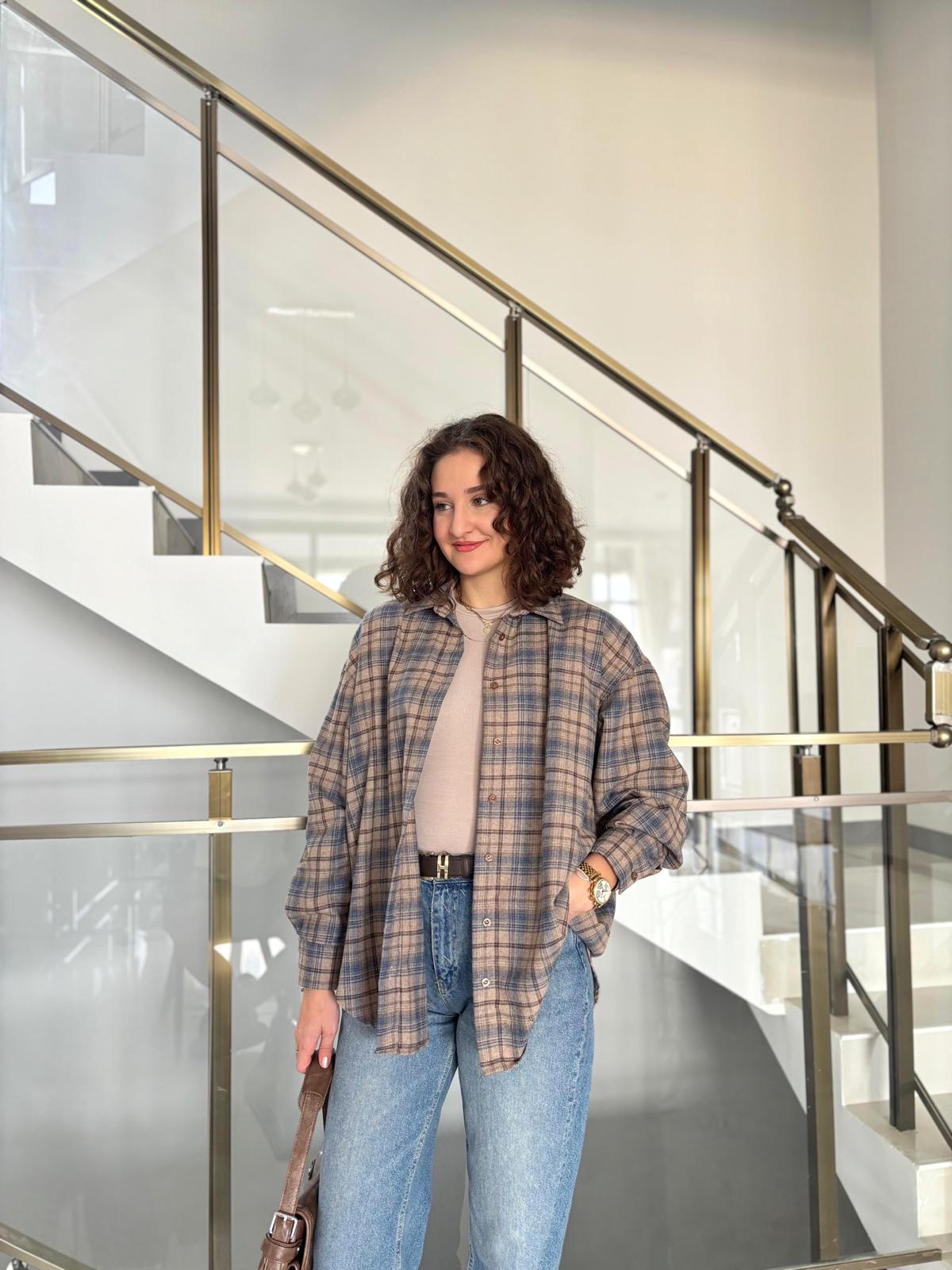 %100 Pamuk Ekose Desen Oduncu Gömleği - Sütlü Kahve