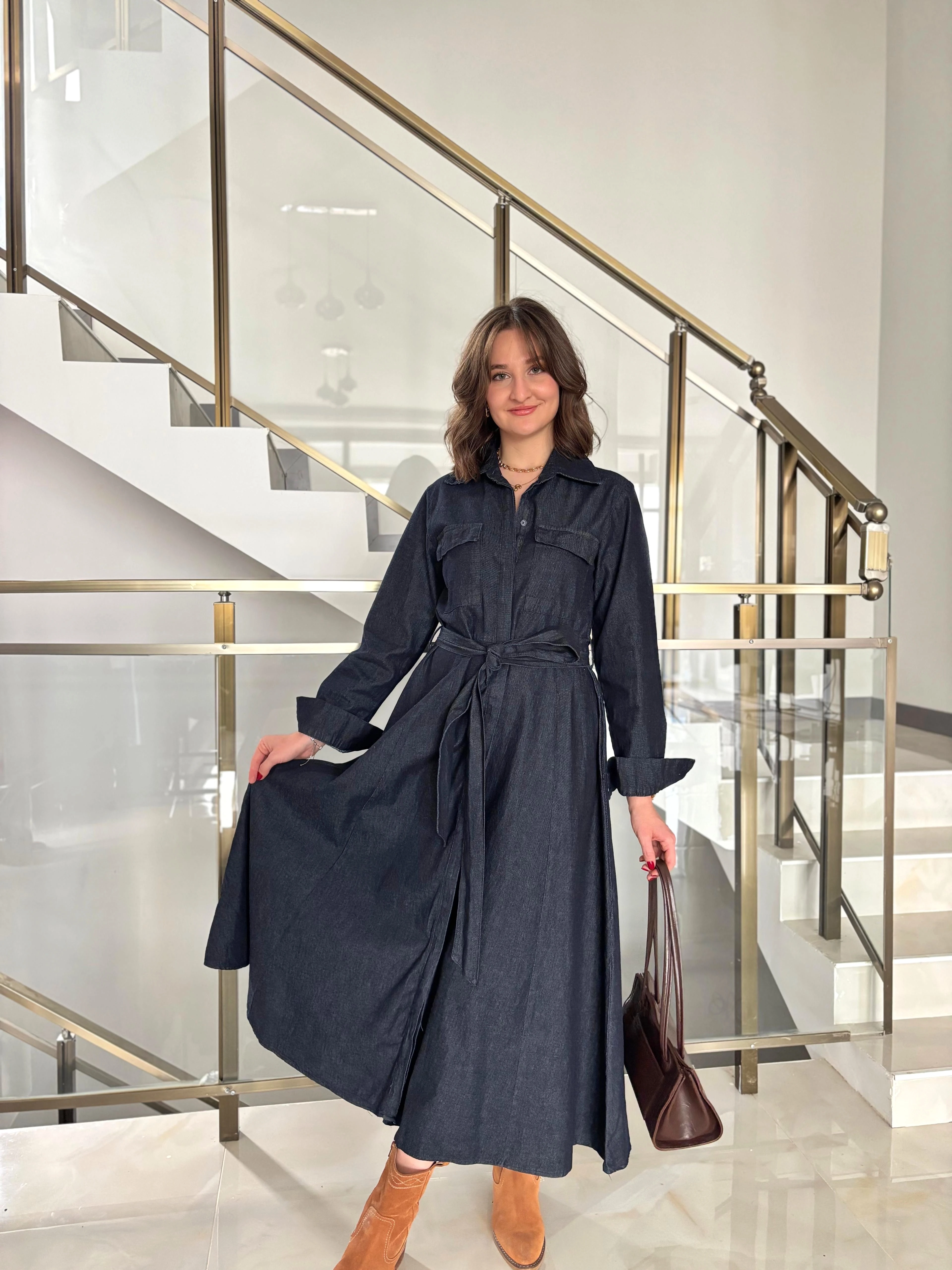 Kuşakli Midi Boy Denim Gömlek Elbise 