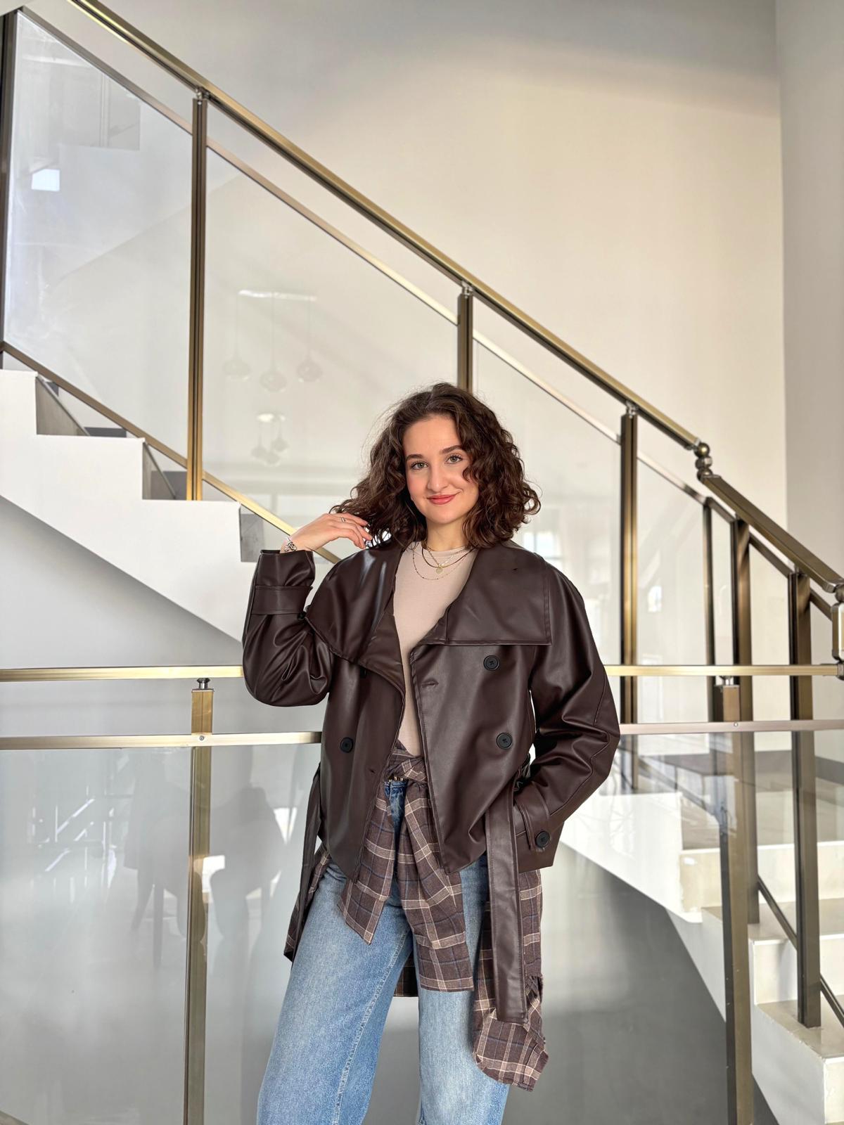 Dik Yaka Kuşaklı Premium Deri Ceket