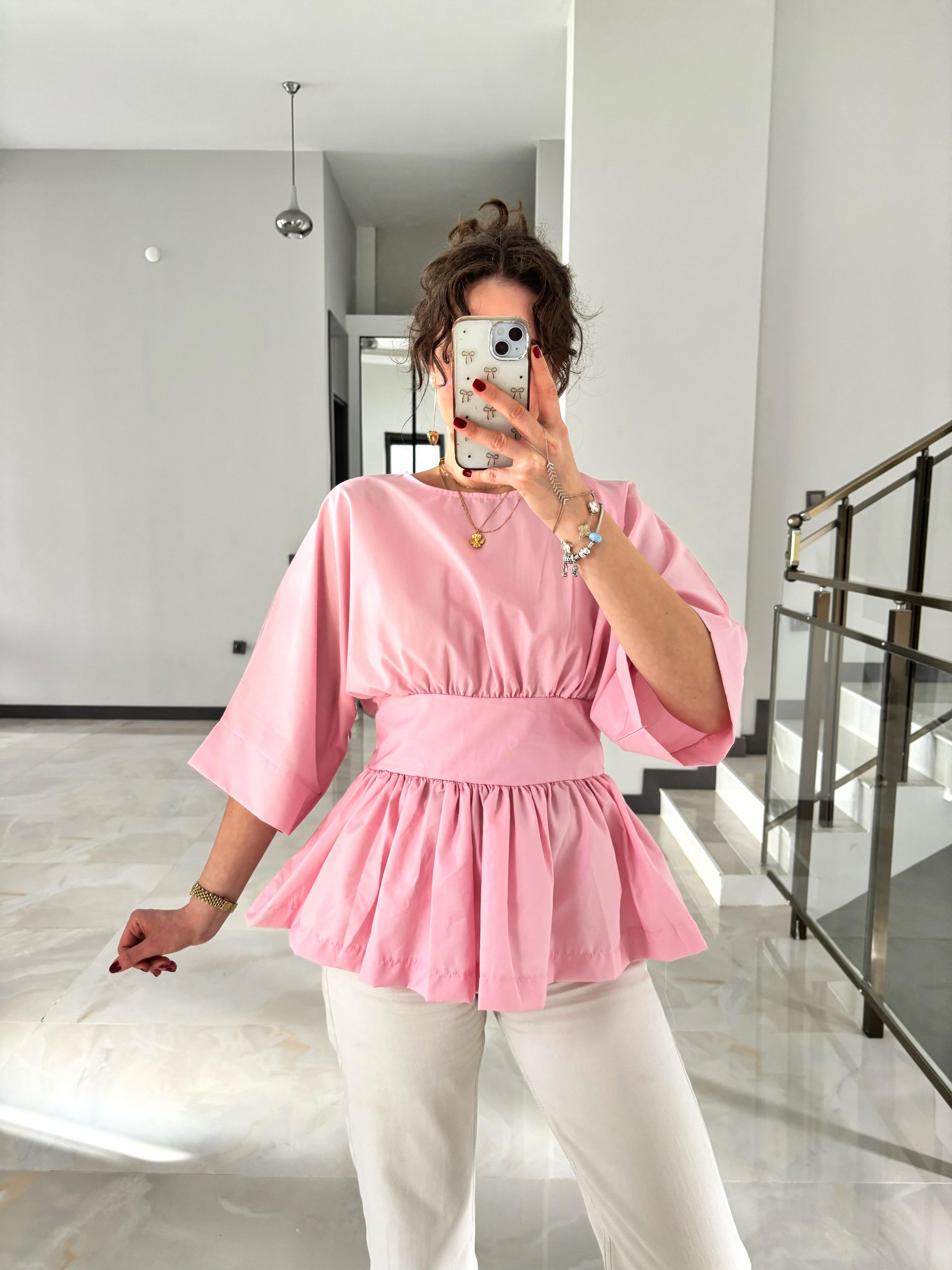 Beli Şeritli Tasarım Pinterest Gömlek - Pembe