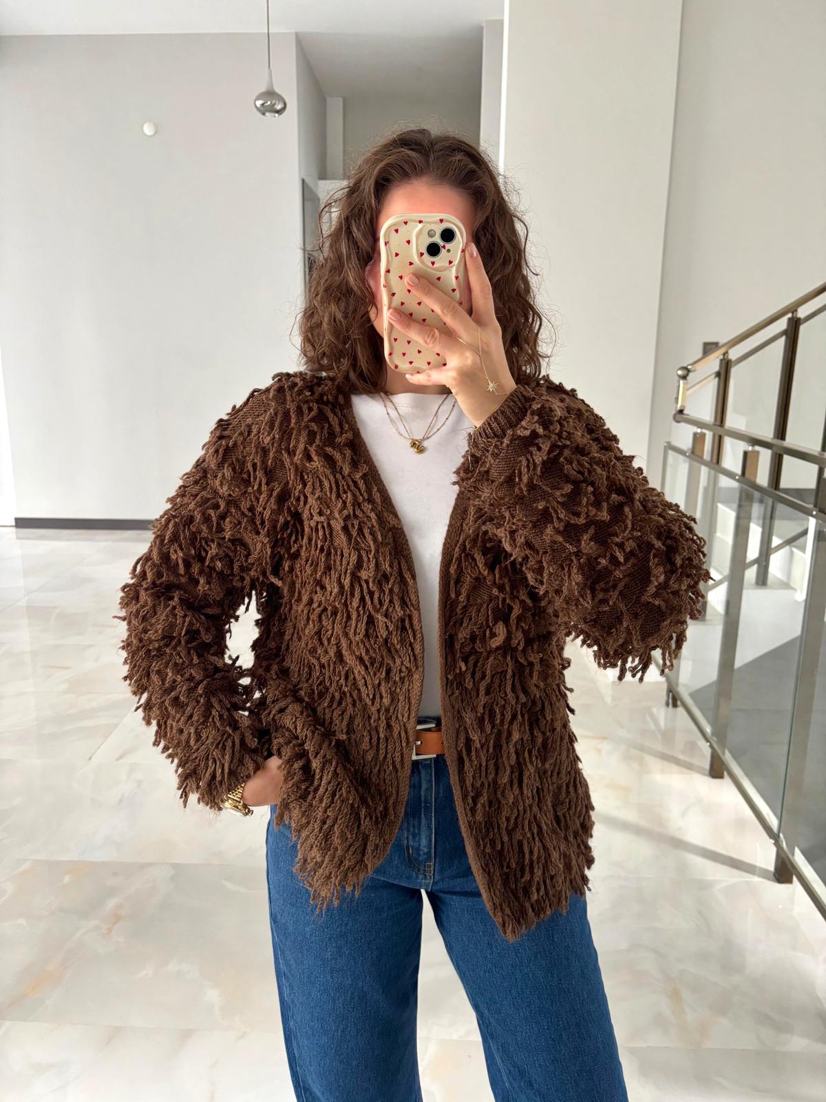 Püskül Detaylı Oversize Örme Hırka - Kahverengi