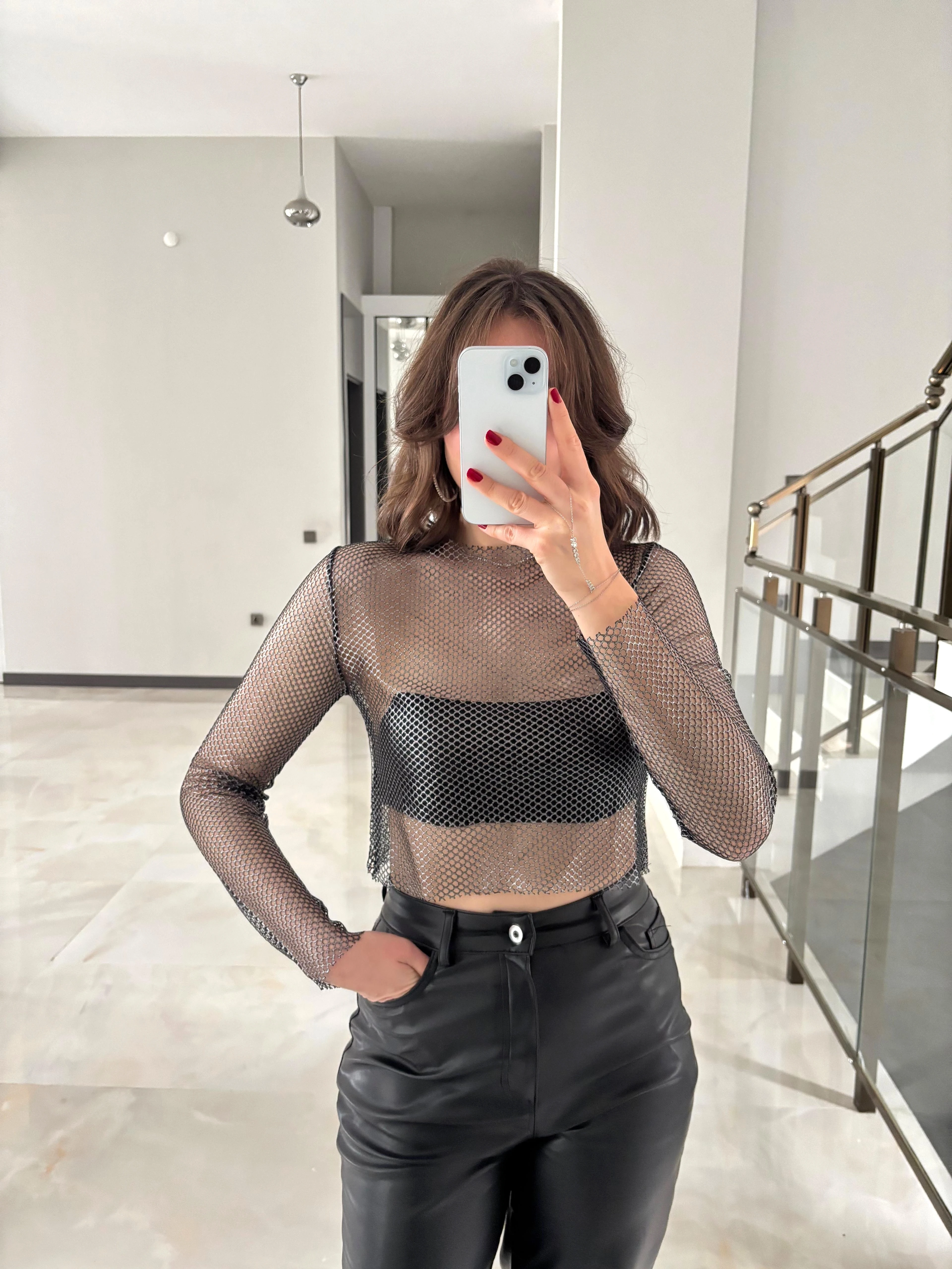 Gümüş Parıltılı File Bluz 