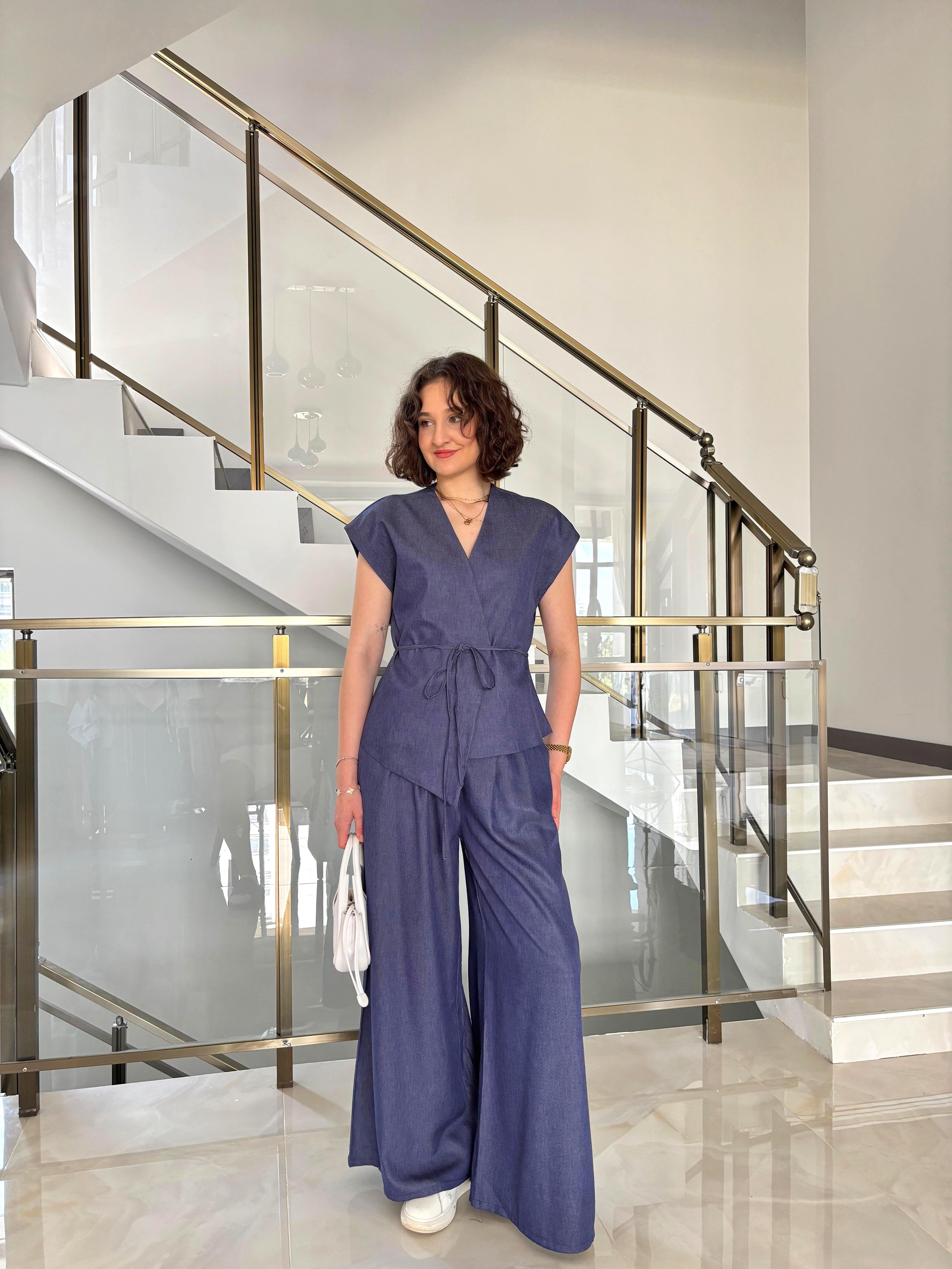 Tensel Kumaş Belden Bağlamalı Denim Takım