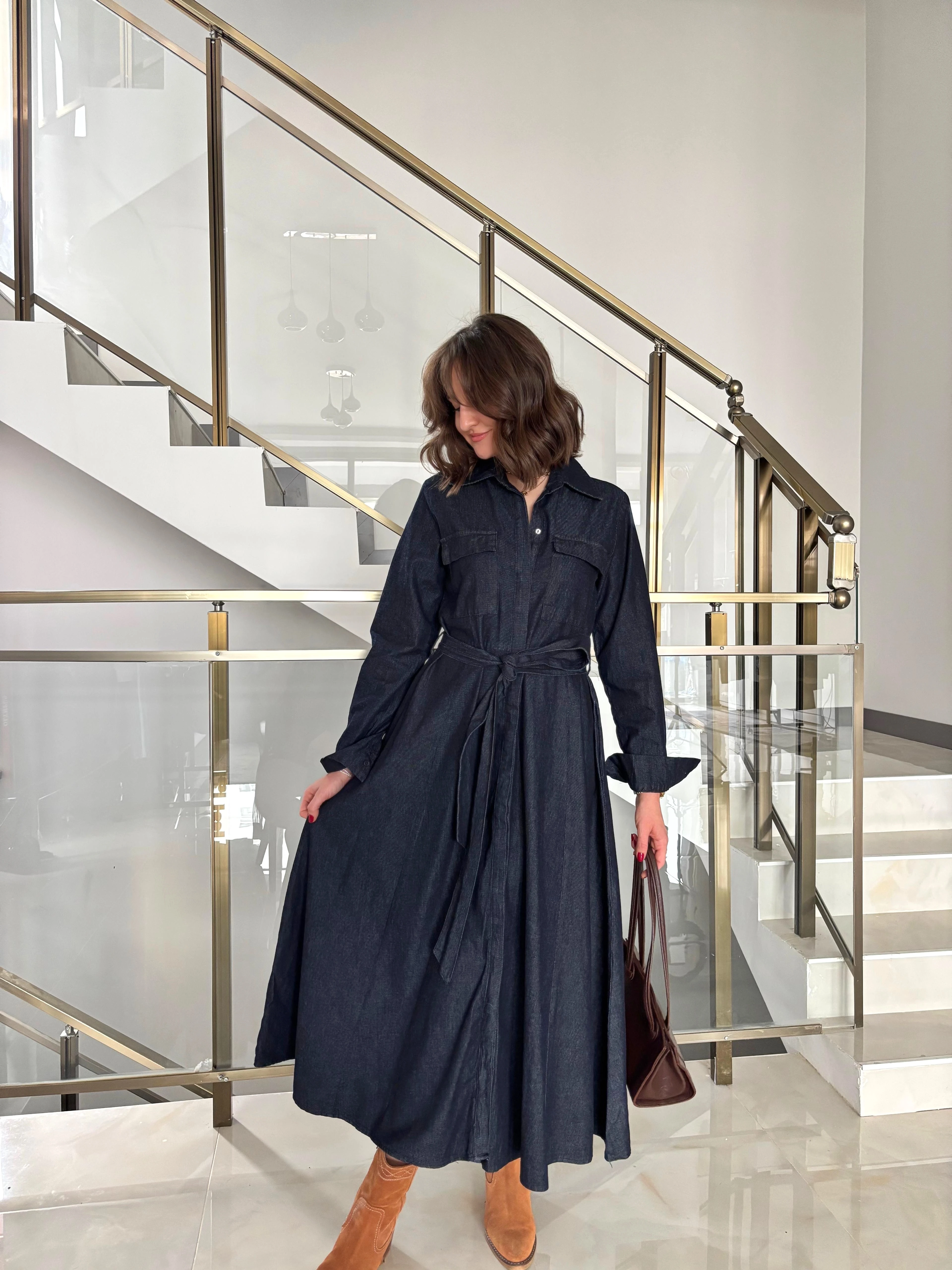 Kuşakli Midi Boy Denim Gömlek Elbise 