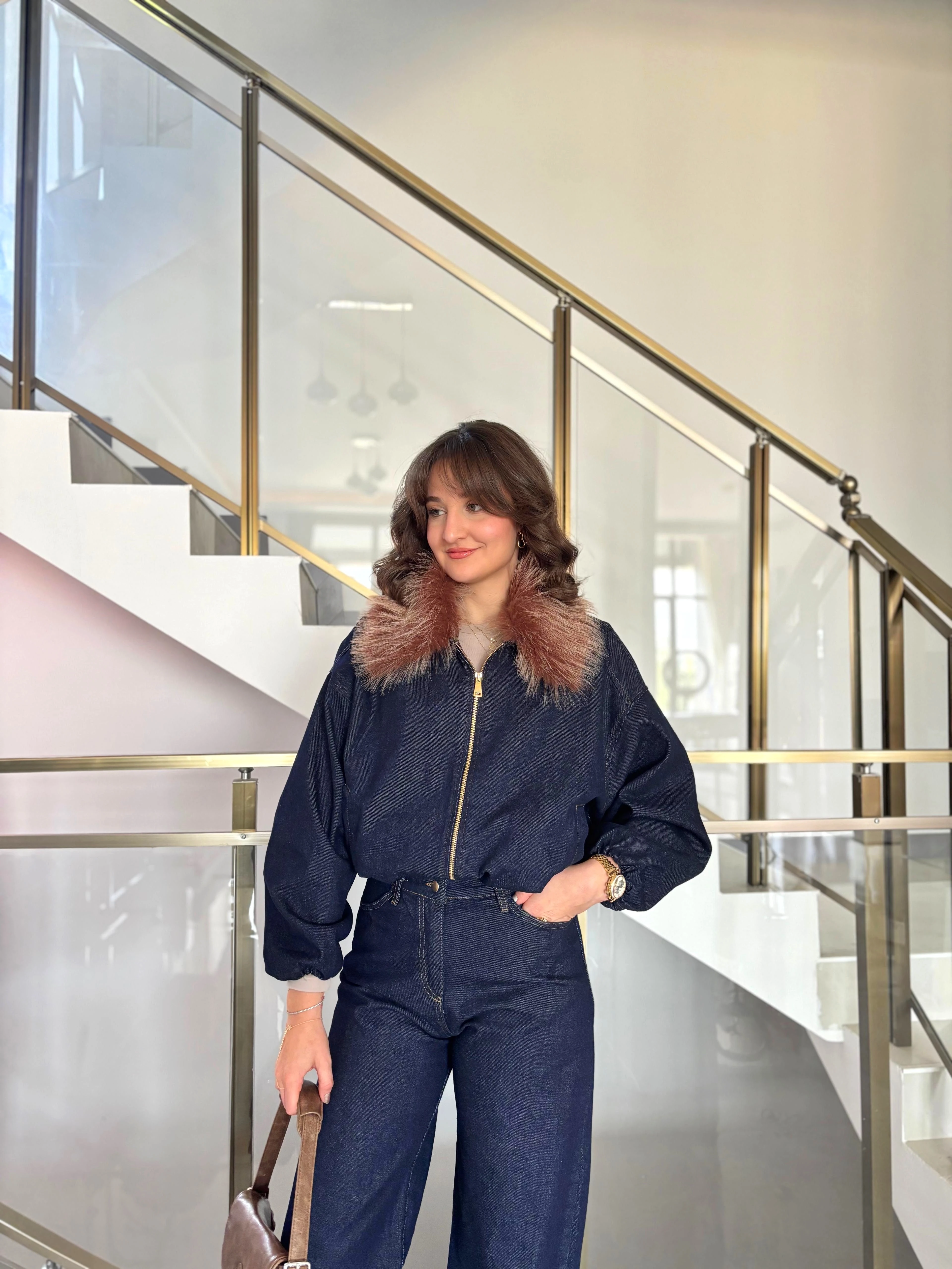 Yakası Kürklü Denim Ceket Pantolon Takım