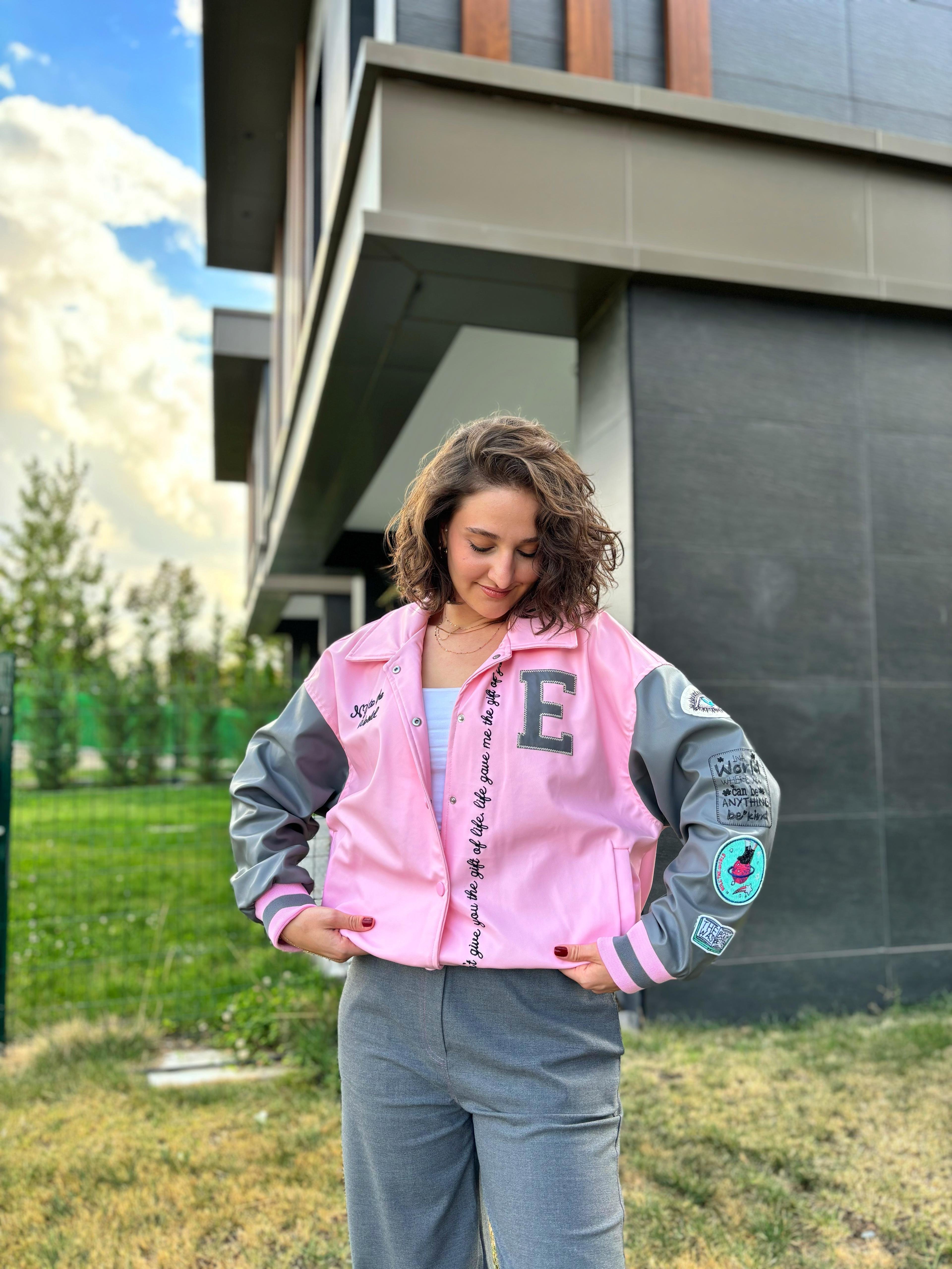 Pembe Bomber Deri Ceket