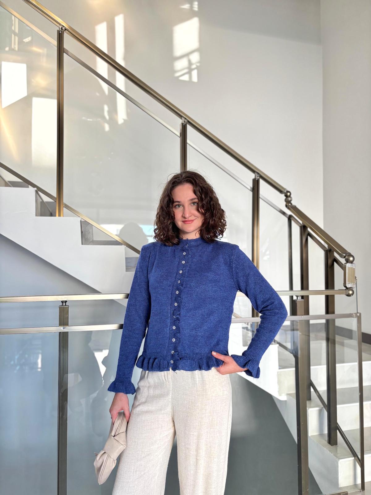 Fırfır Detaylı Triko Hırka - Mavi