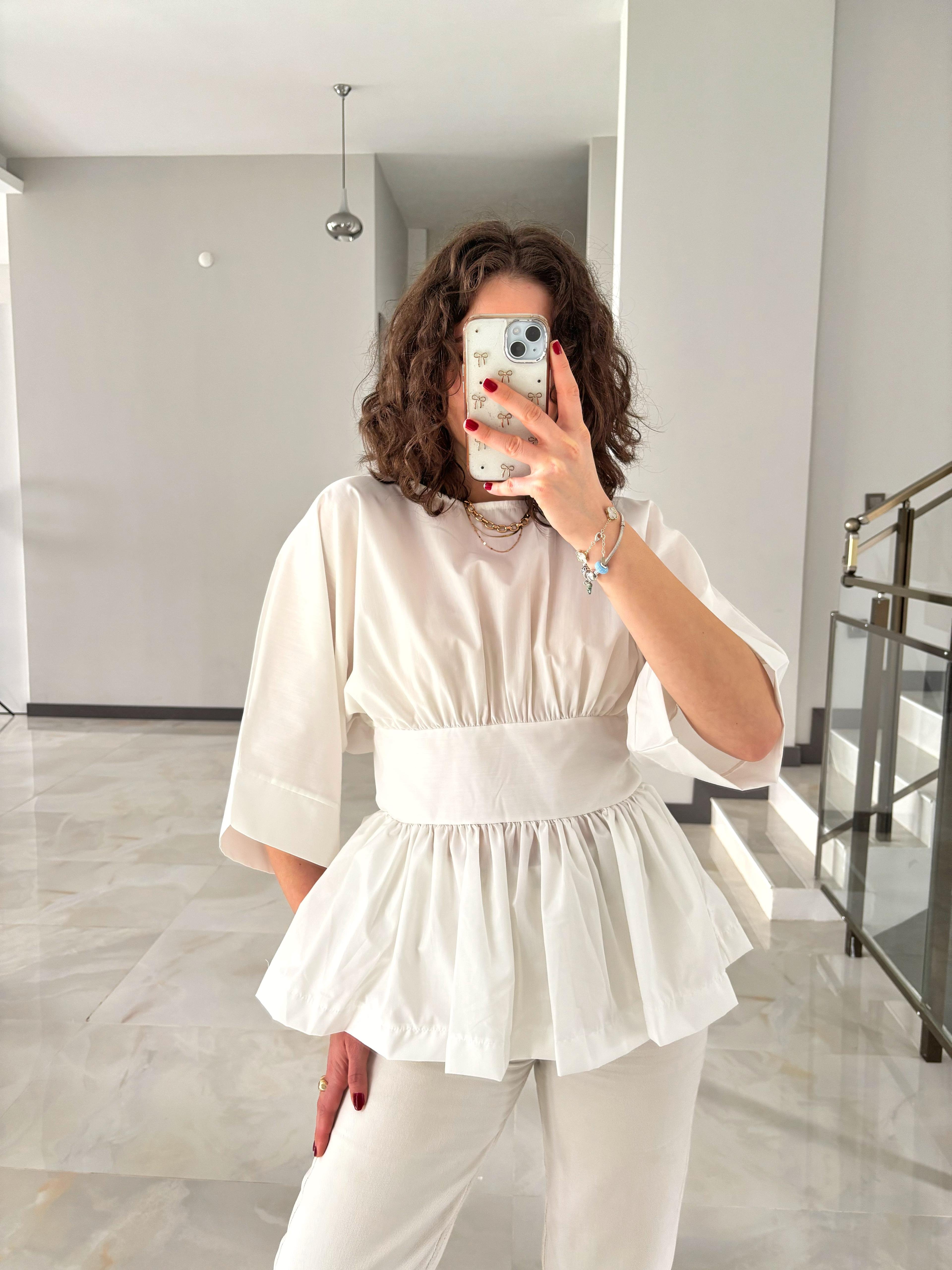 Beli Şeritli Tasarım Pinterest Gömlek - Beyaz