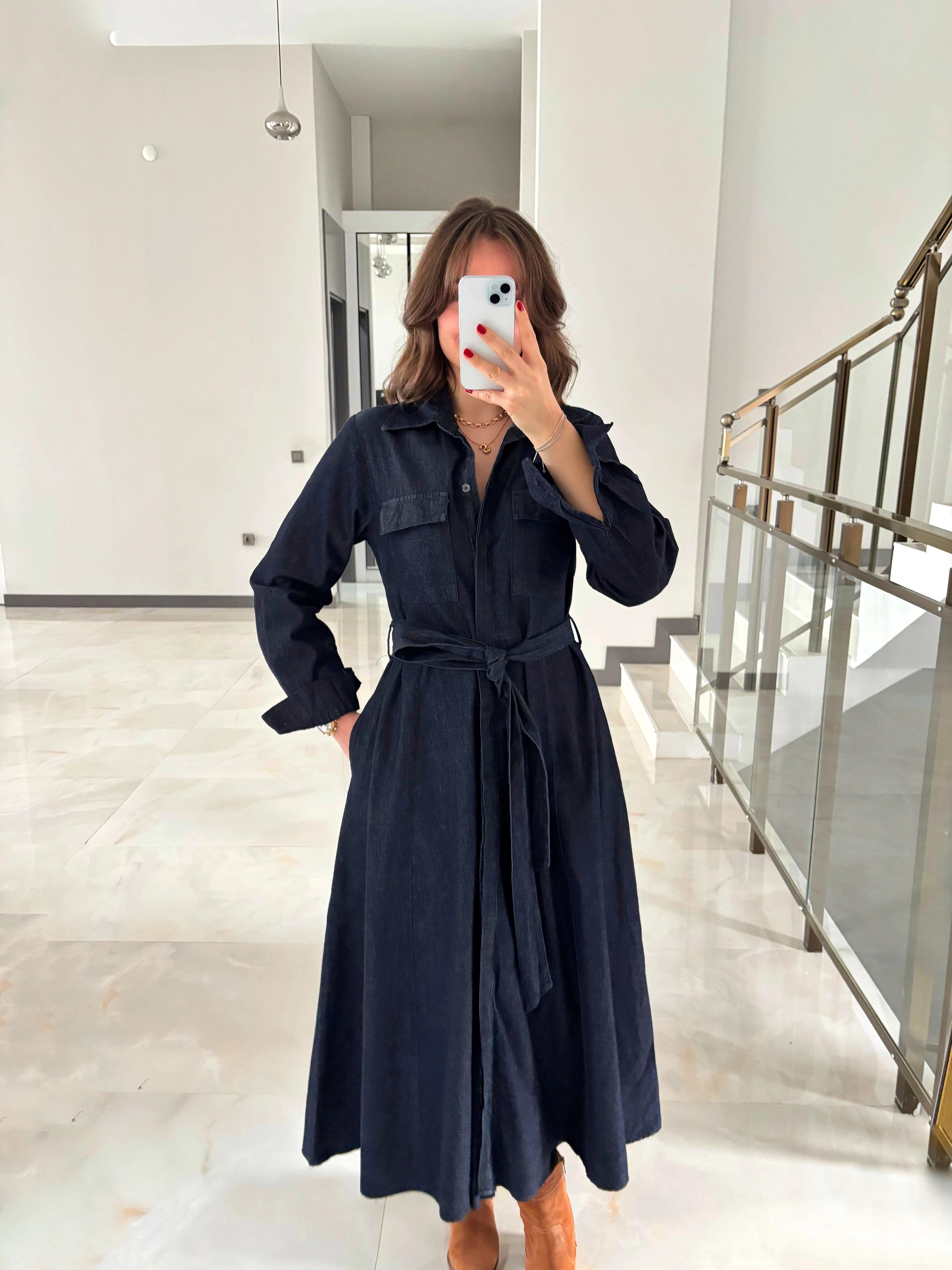 Kuşakli Midi Boy Denim Gömlek Elbise 