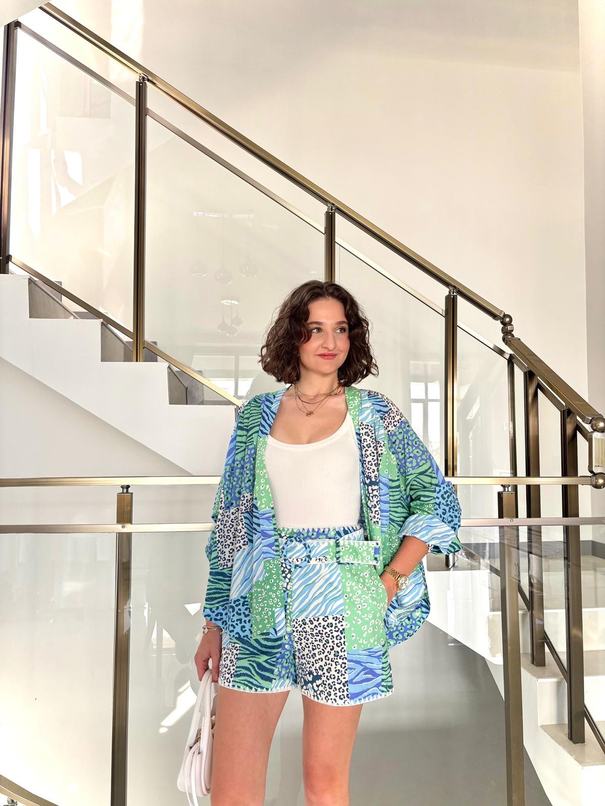 Renkli Desenli Kimono Şort Takım