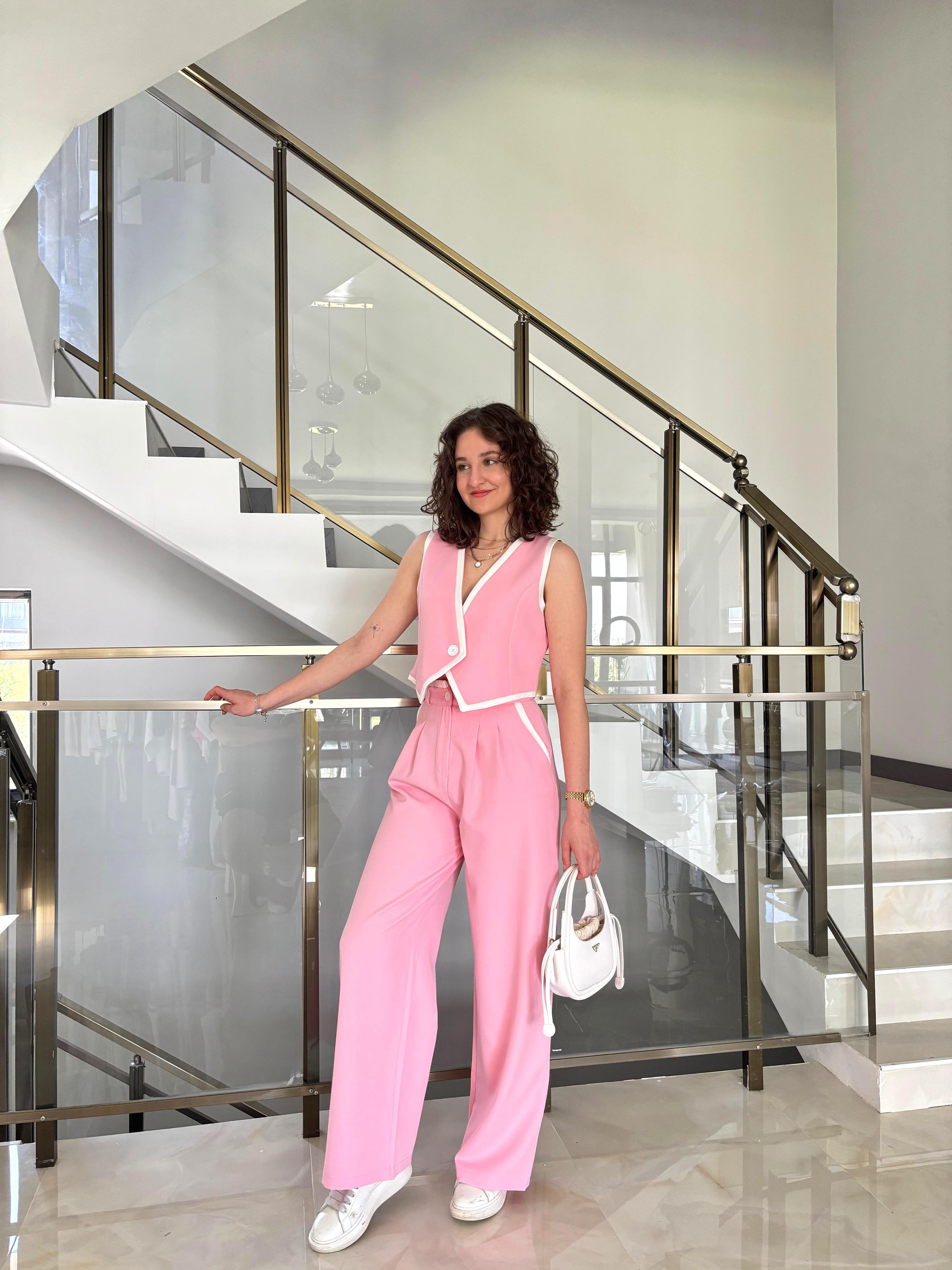 Premium Şeritli Yelek Pantolon Takım - Toz Pembe