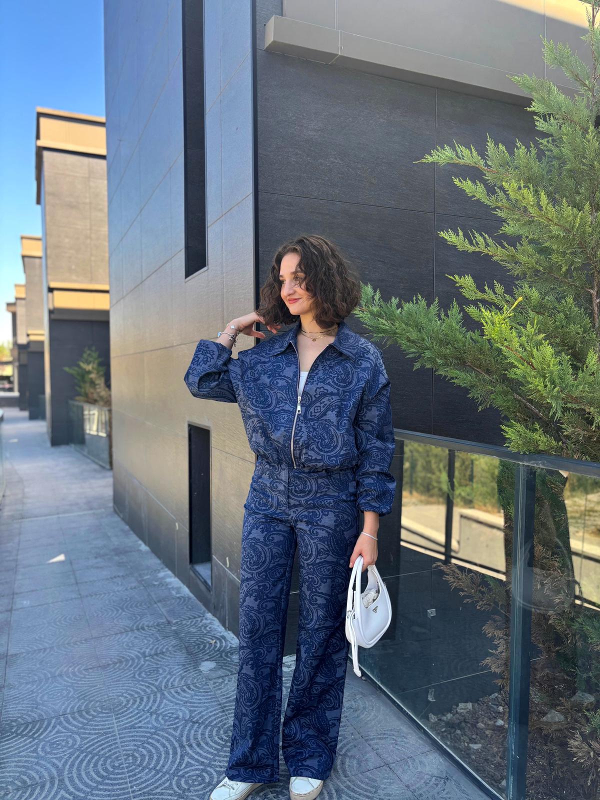 Bomber Ceketli Desenli Denim Takım