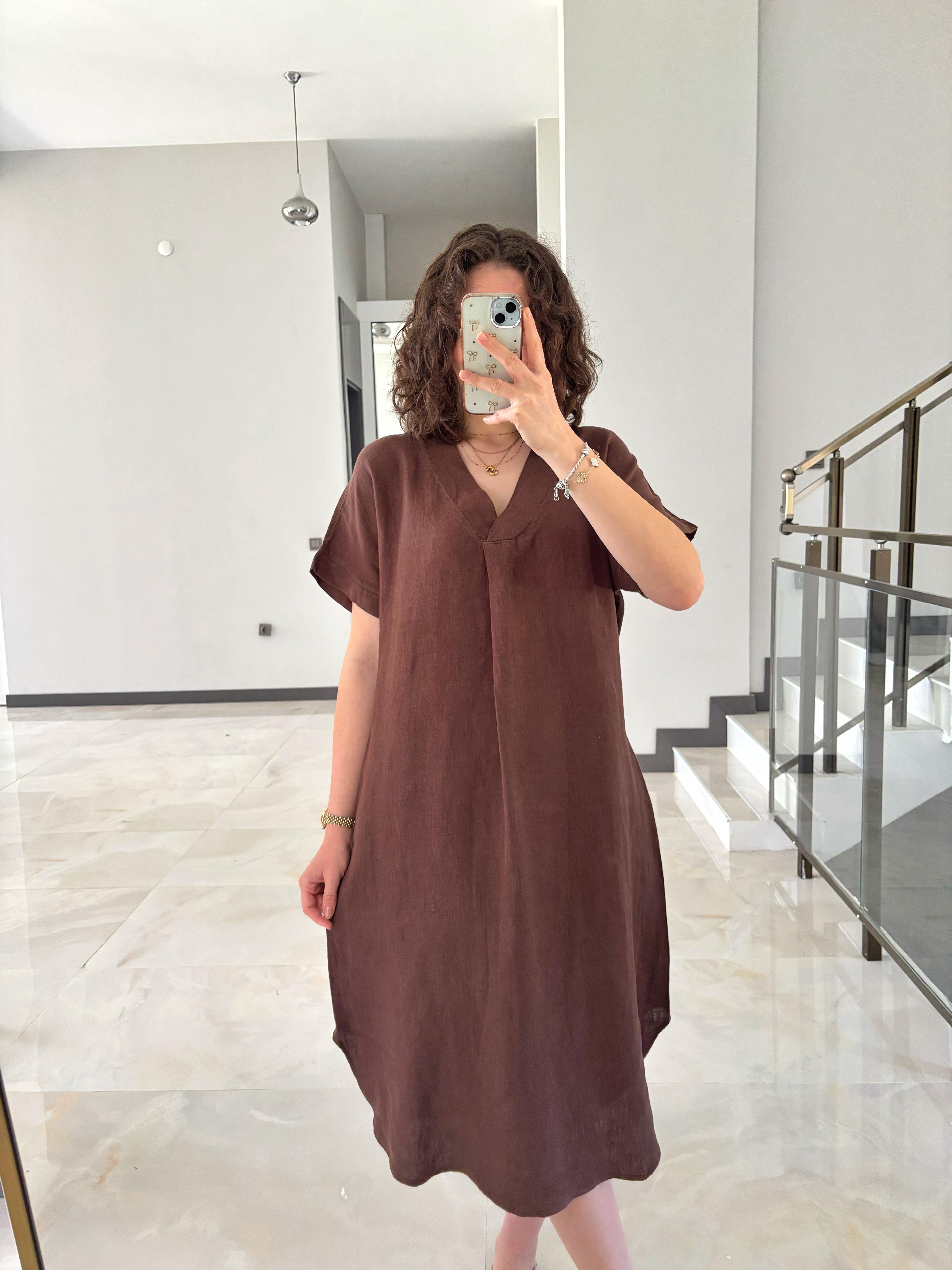 Premium V Yaka Kısa Kol Keten Elbise