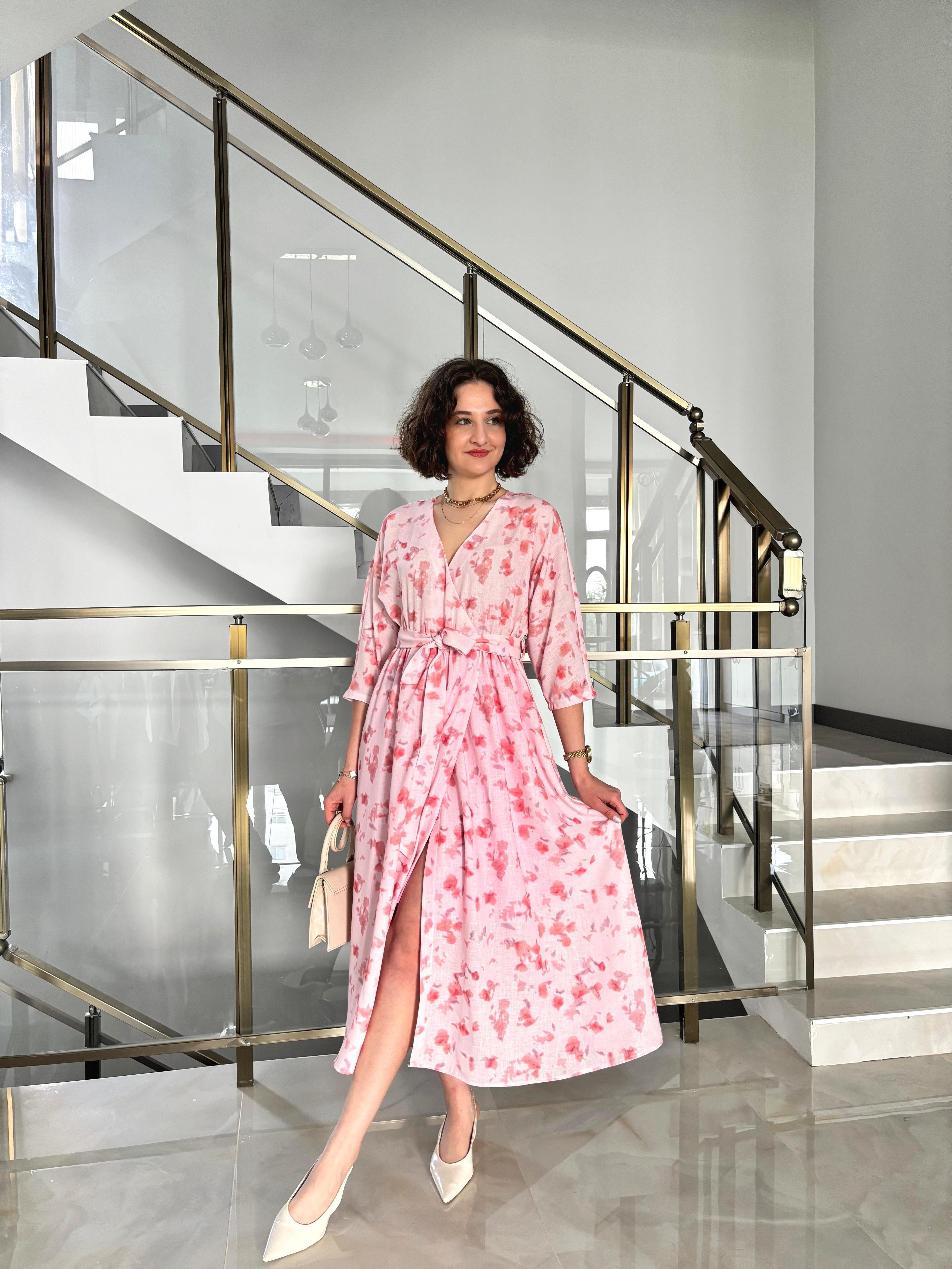 Çiçek Desenli Astarlı Elbise - Toz Pembe