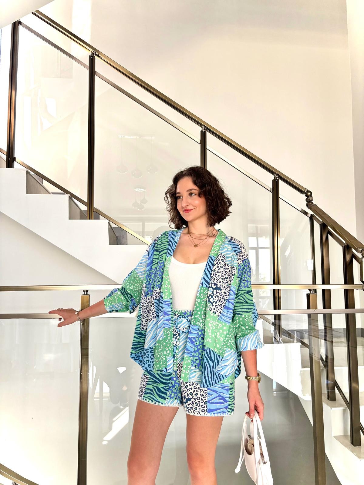 Renkli Desenli Kimono Şort Takım