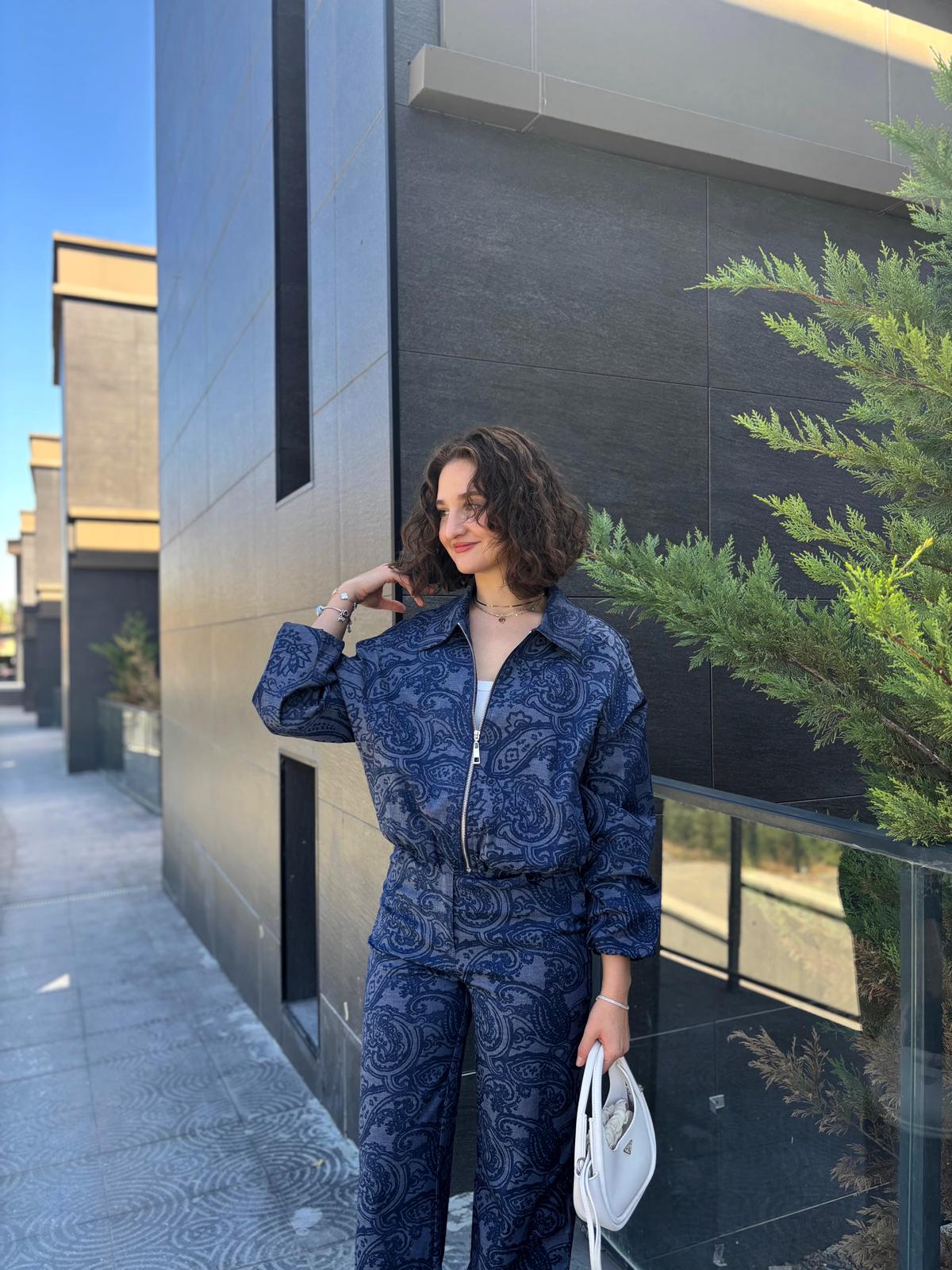 Bomber Ceketli Desenli Denim Takım