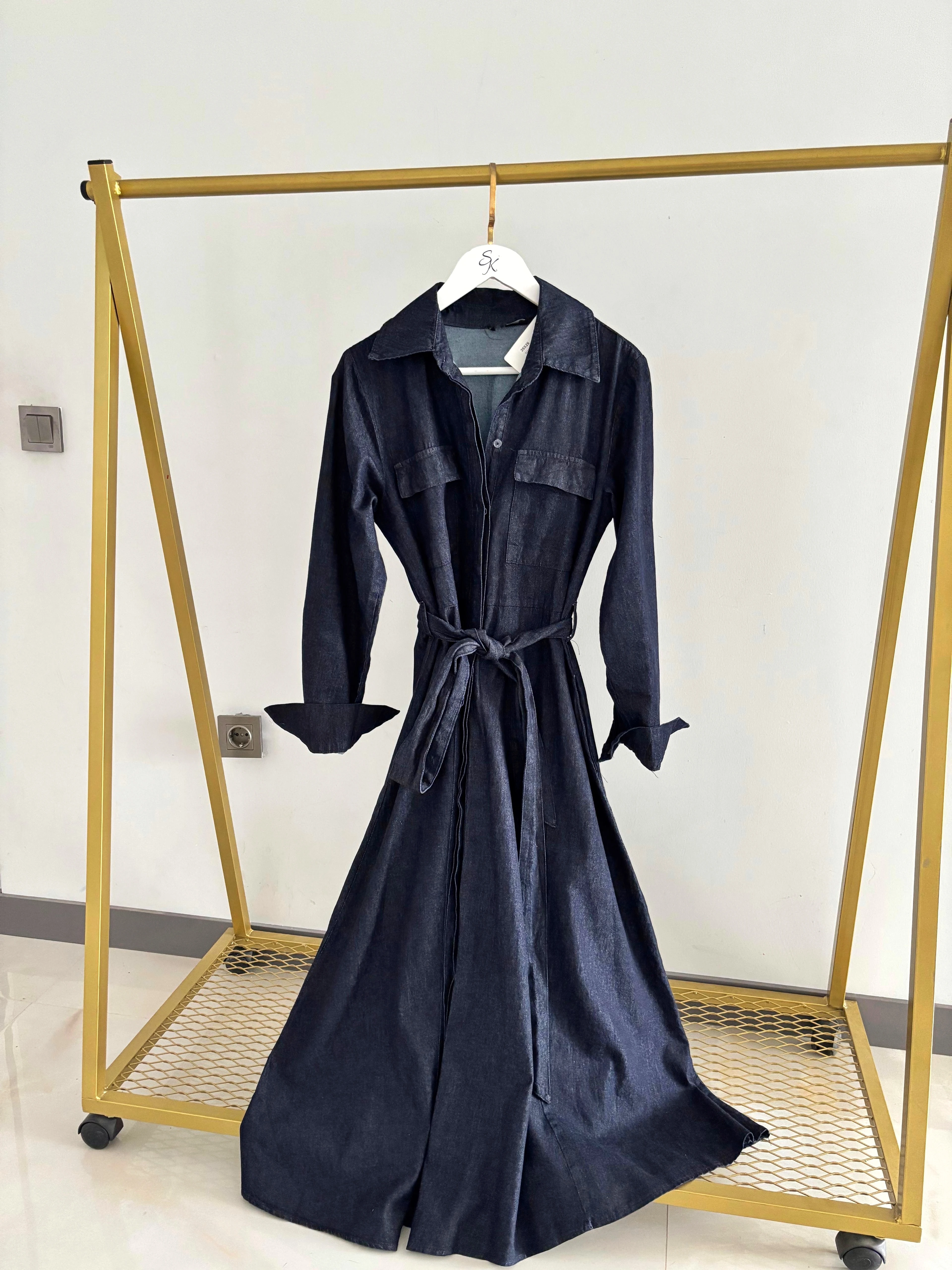 Kuşakli Midi Boy Denim Gömlek Elbise 