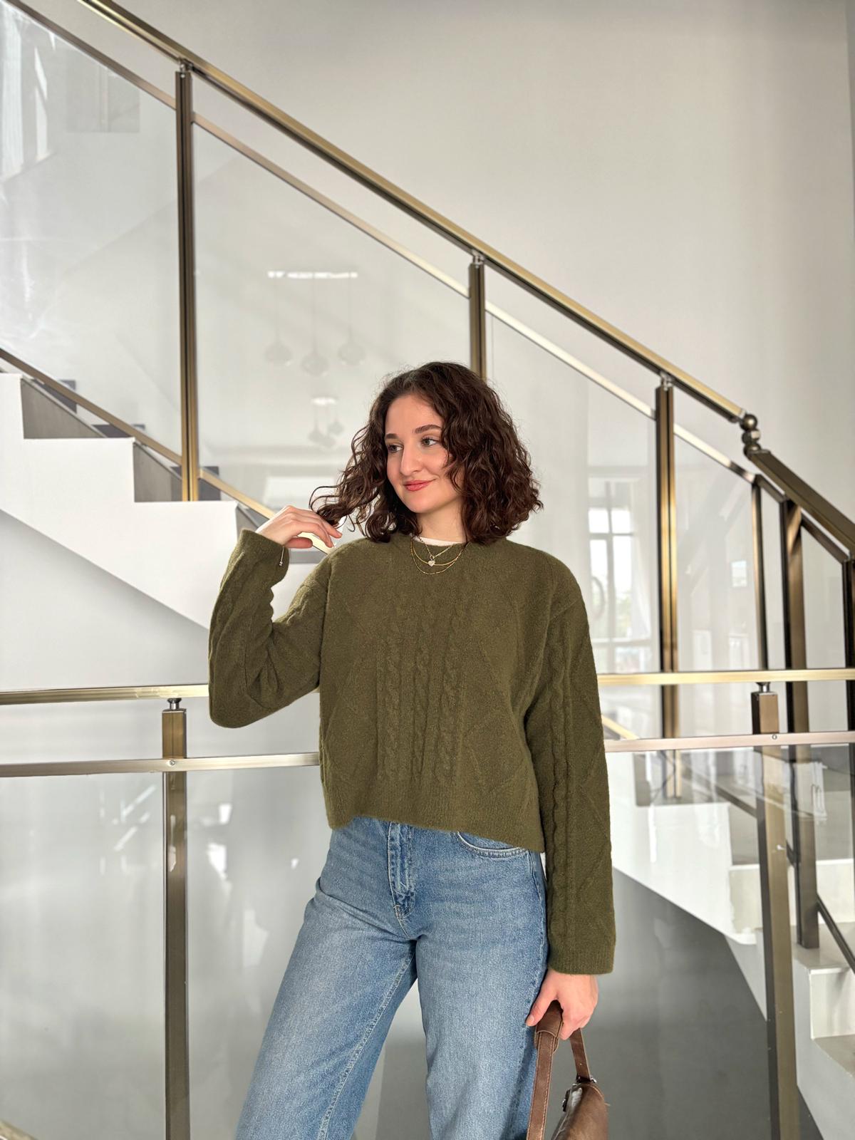 Kendinden Dokulu Triko Kazak - Yeşil