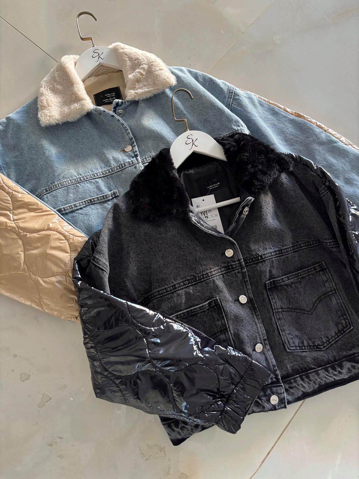 Yakası Kürk Sırtı Kapitone Detaylı Kot Ceket