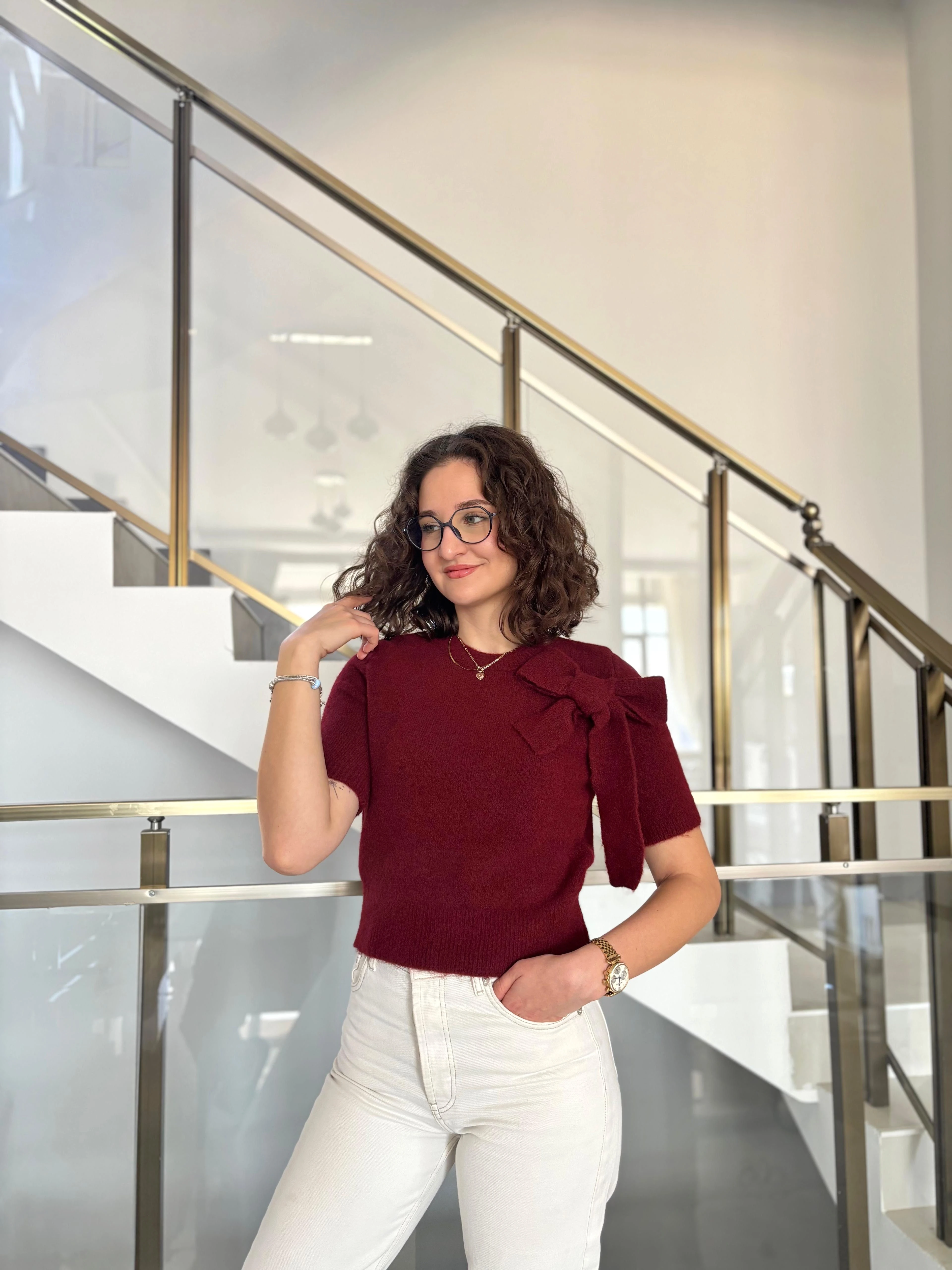 Fiyonk Detaylı Yumoş Triko Kazak - Bordo