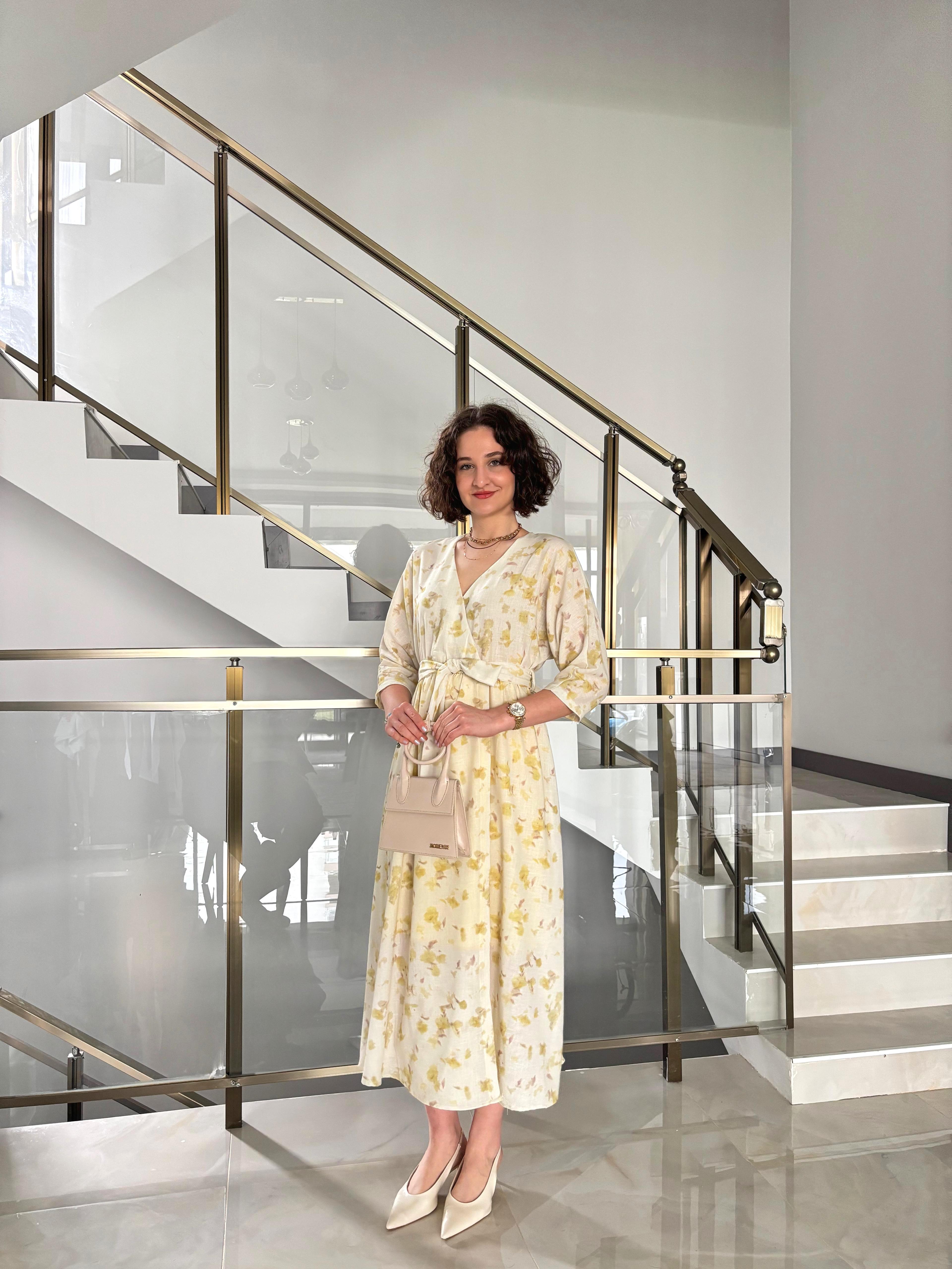 Desenli Kruvaze Astarlı Elbise (Mutlaka bir beden küçük tercih ediniz)