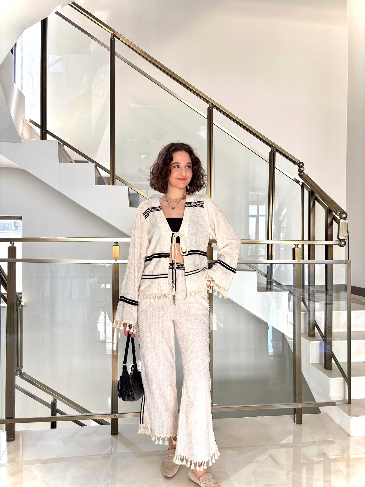 Püskül Detaylı Kimono Naturel Takım