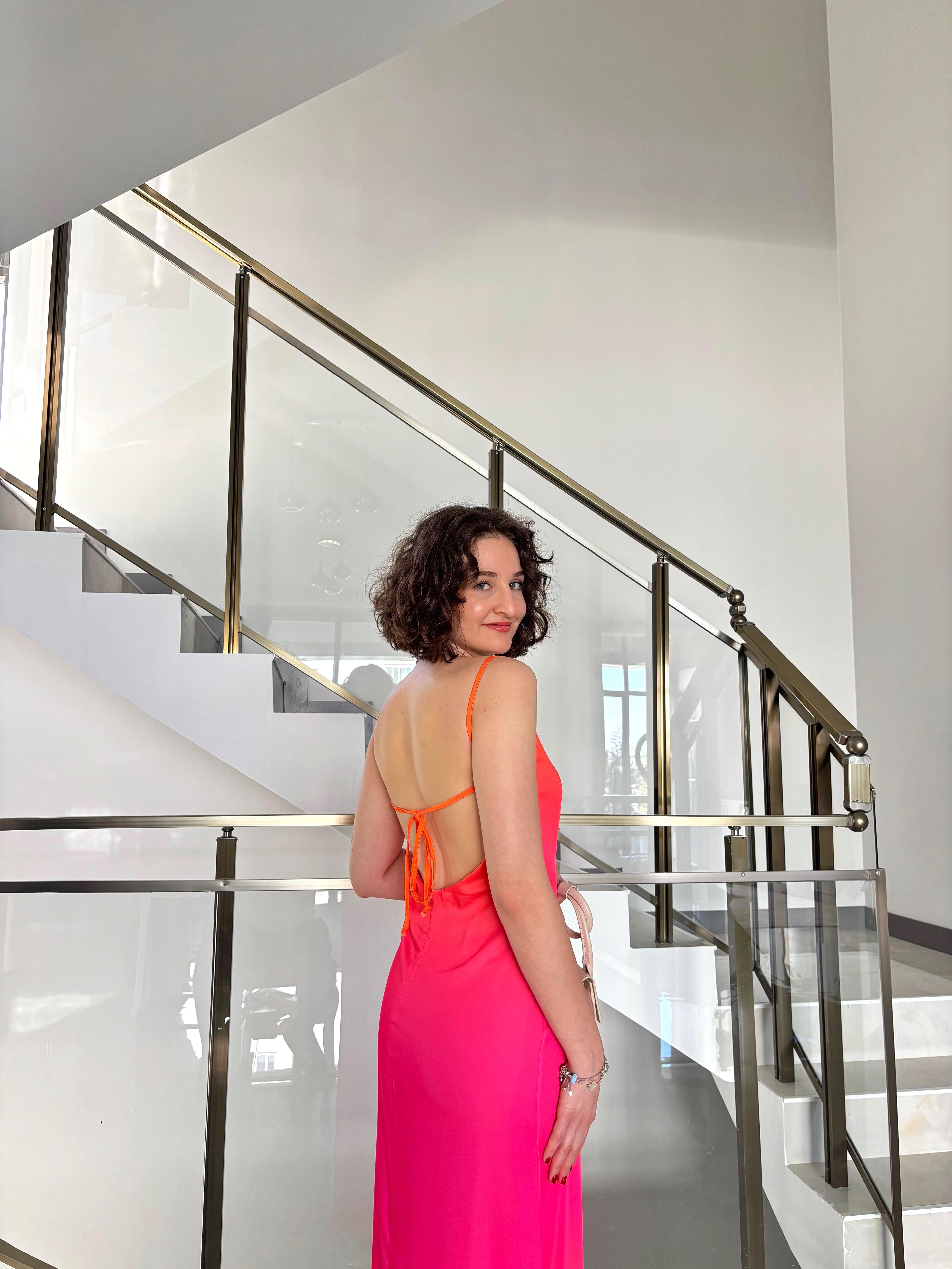 Turuncu Pembe Renk Geçişli Askılı Elbise