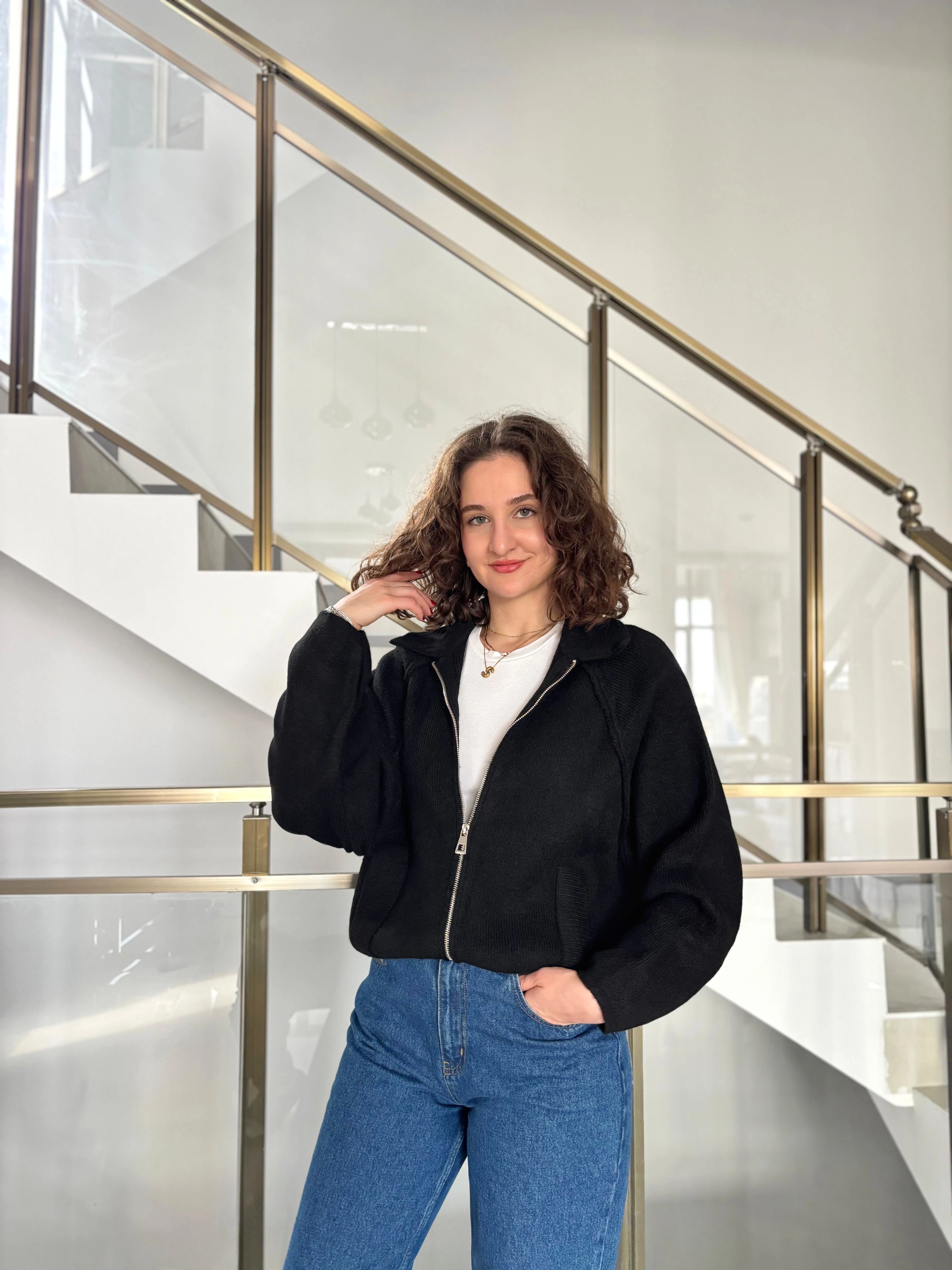 Yakalı Fermuarlı Triko Hırka - SİYAH