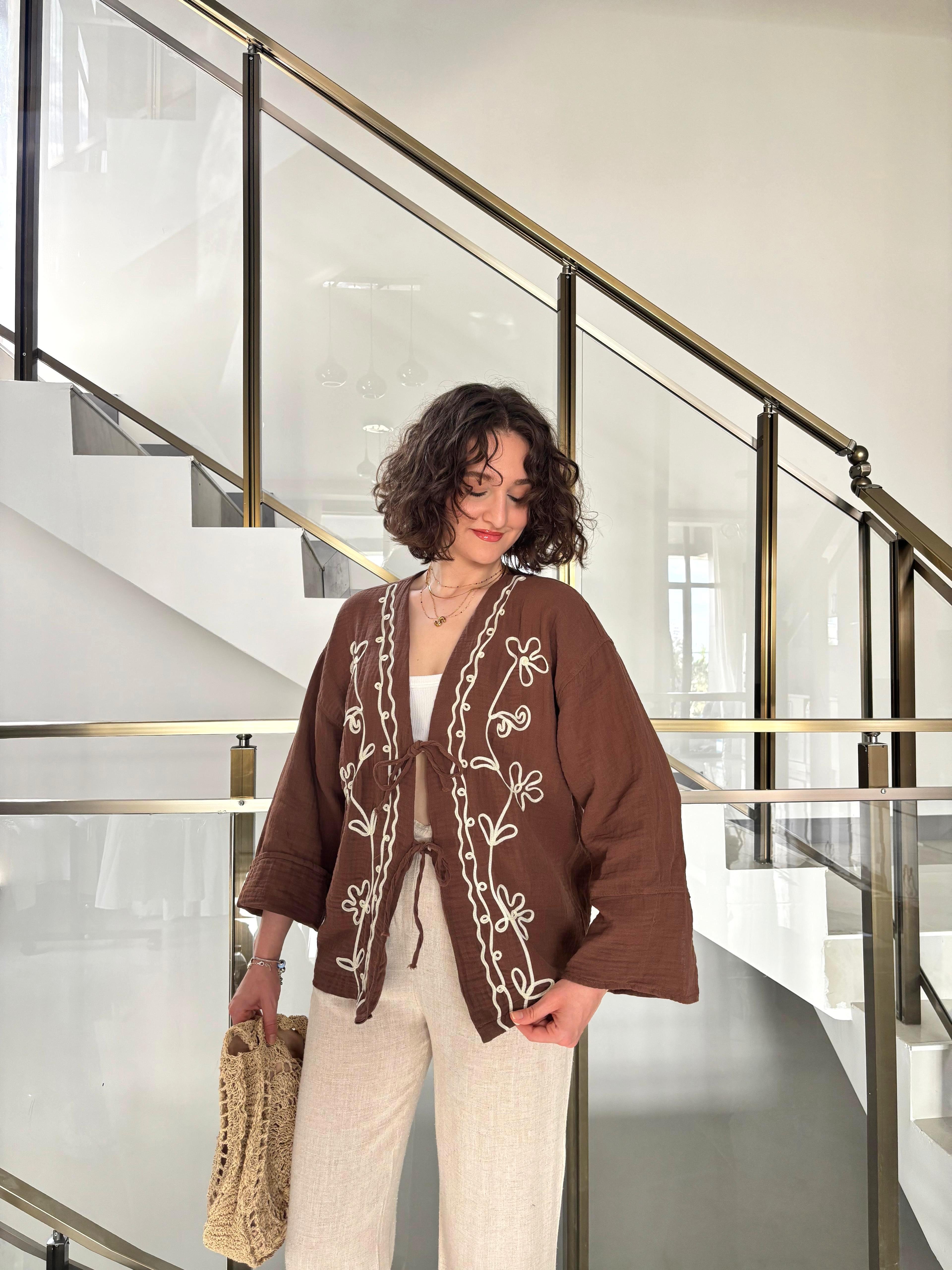 İşleme Detaylı Müslin Kimono - Kahverengi
