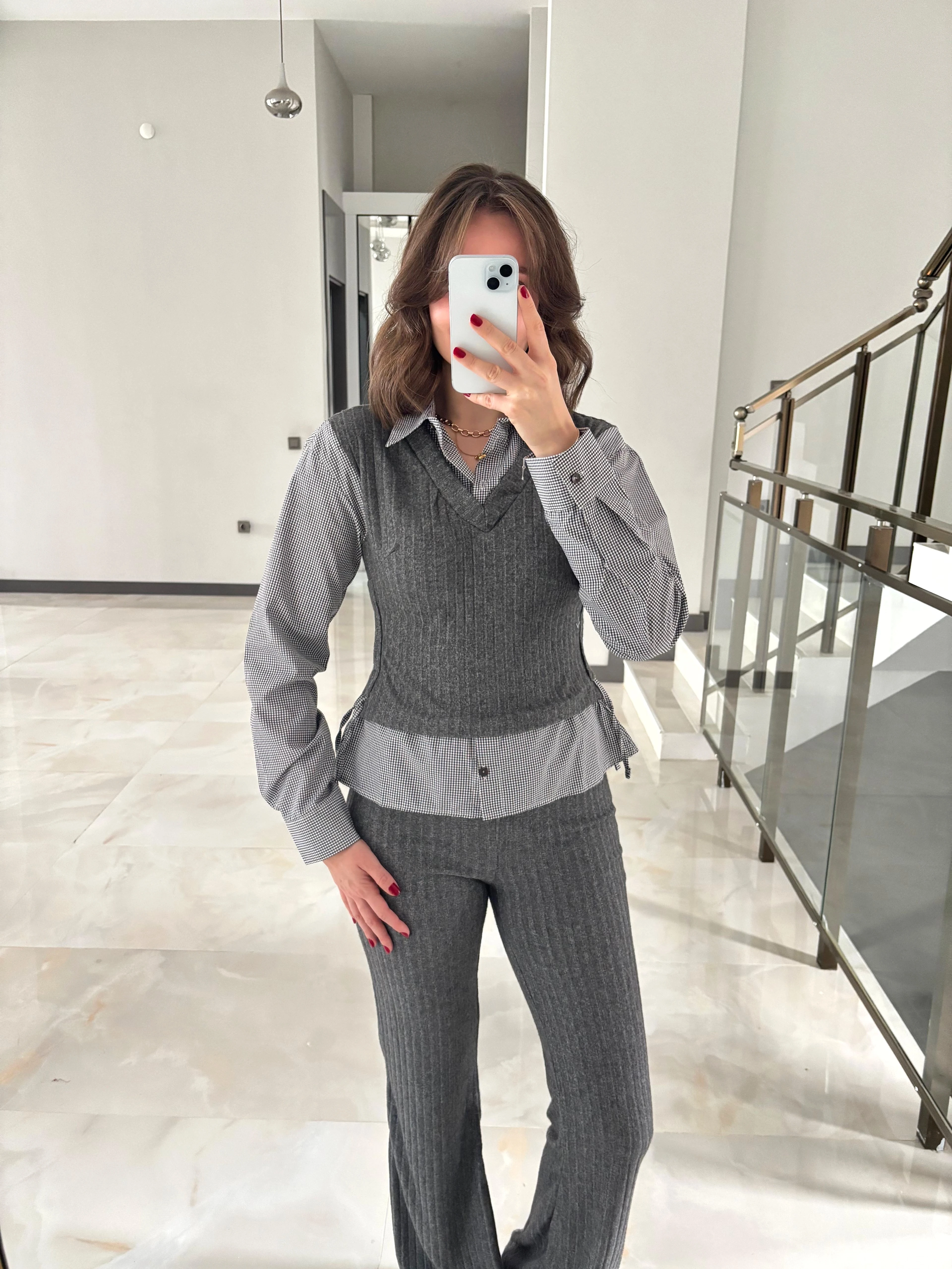 Ekose Gömlek ve Bağlama Detaylı İkili Takım - Antrasit