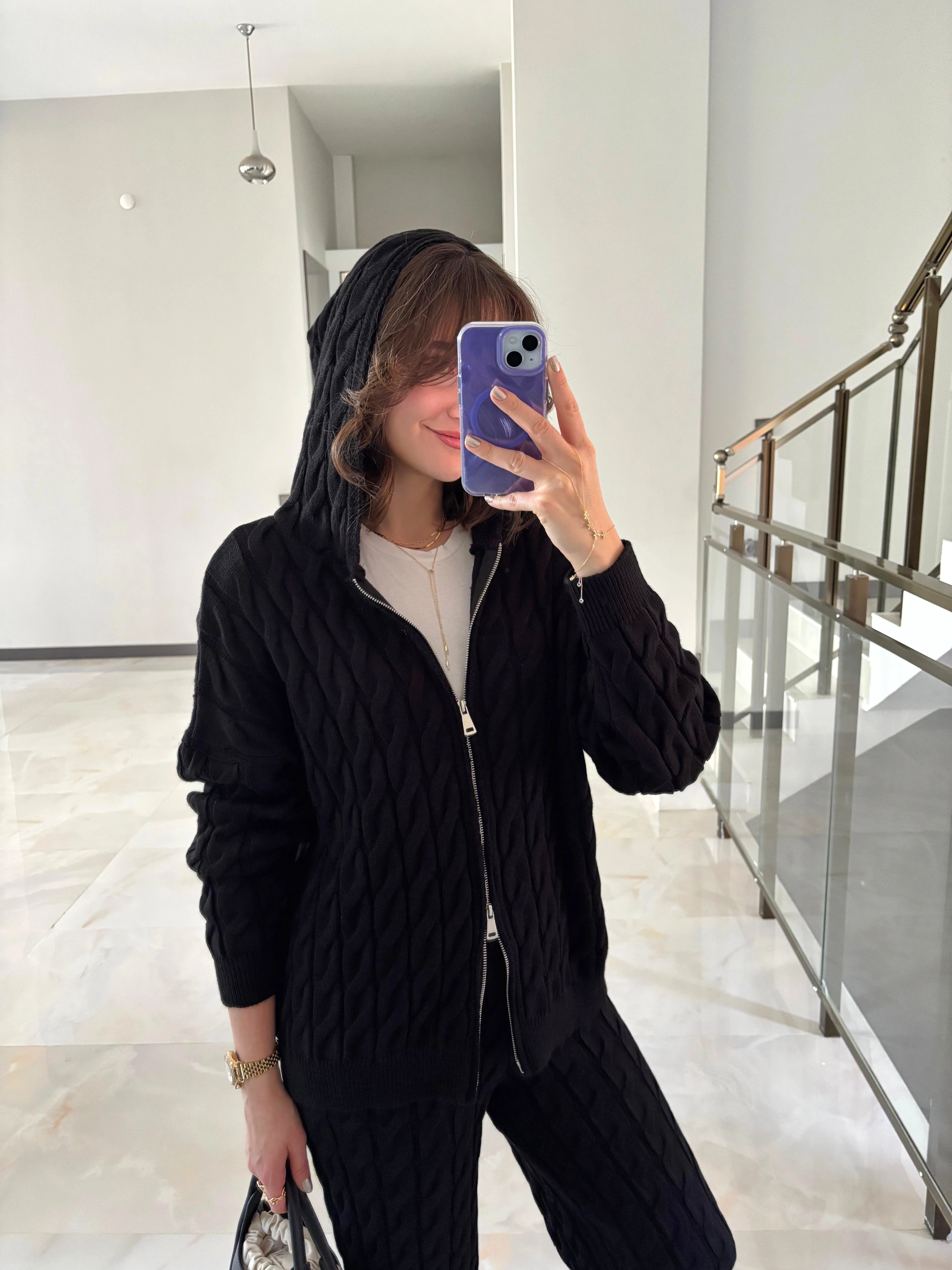 Çift Fermuarlı Saç Örgü Triko Takım