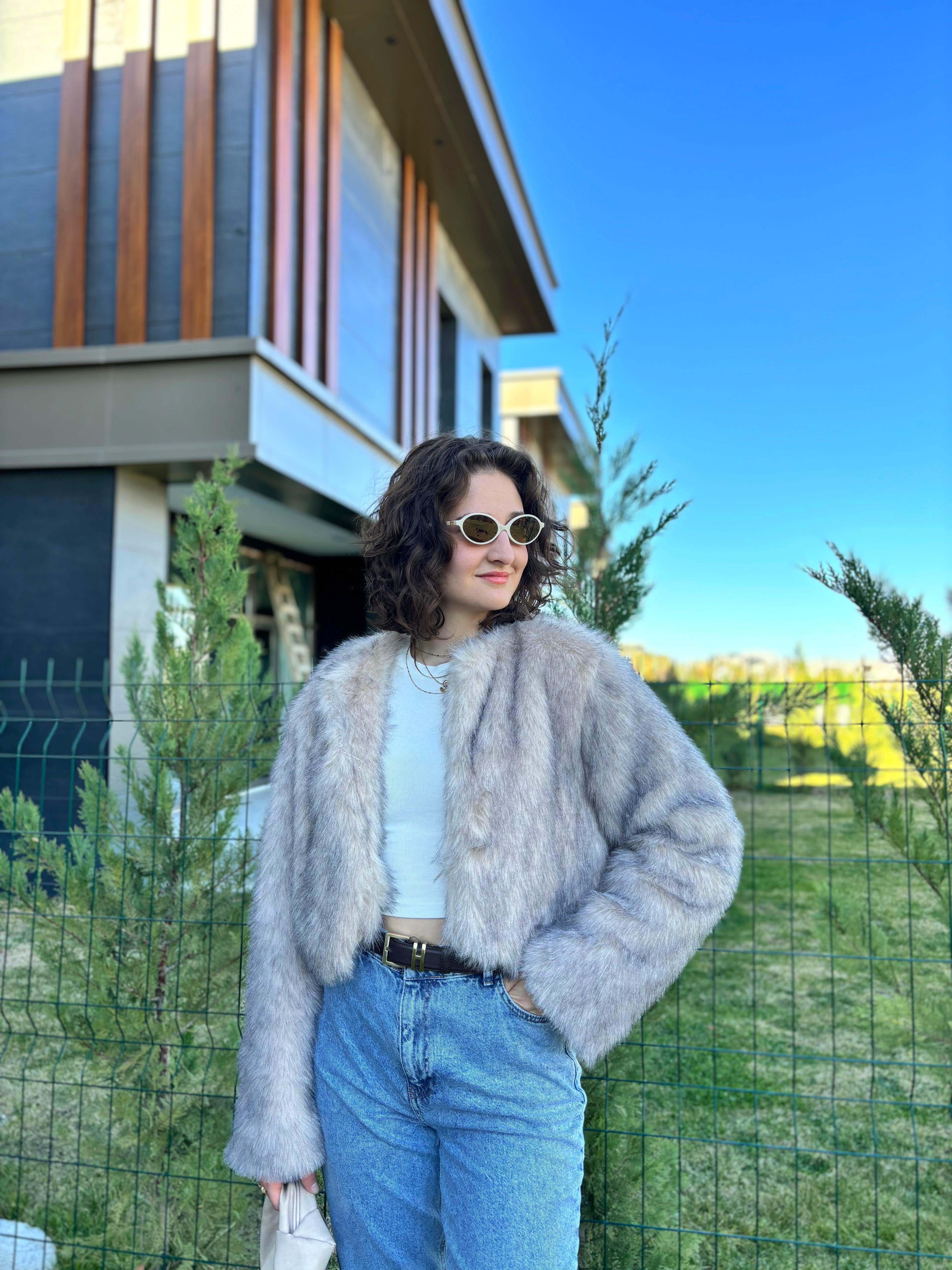 Bej Kırçıllı Crop Kürk