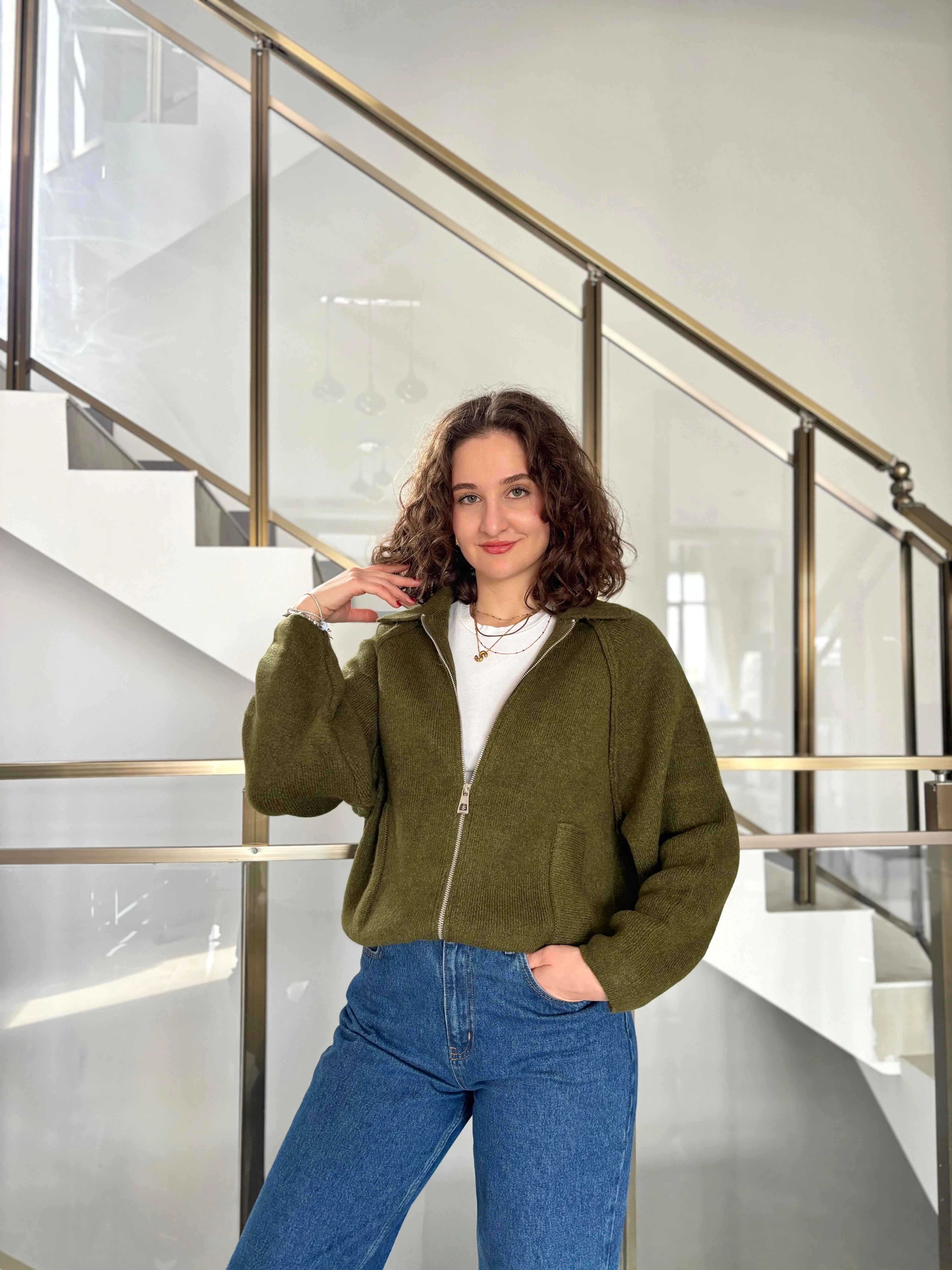 Yakalı Fermuarlı Triko Hırka