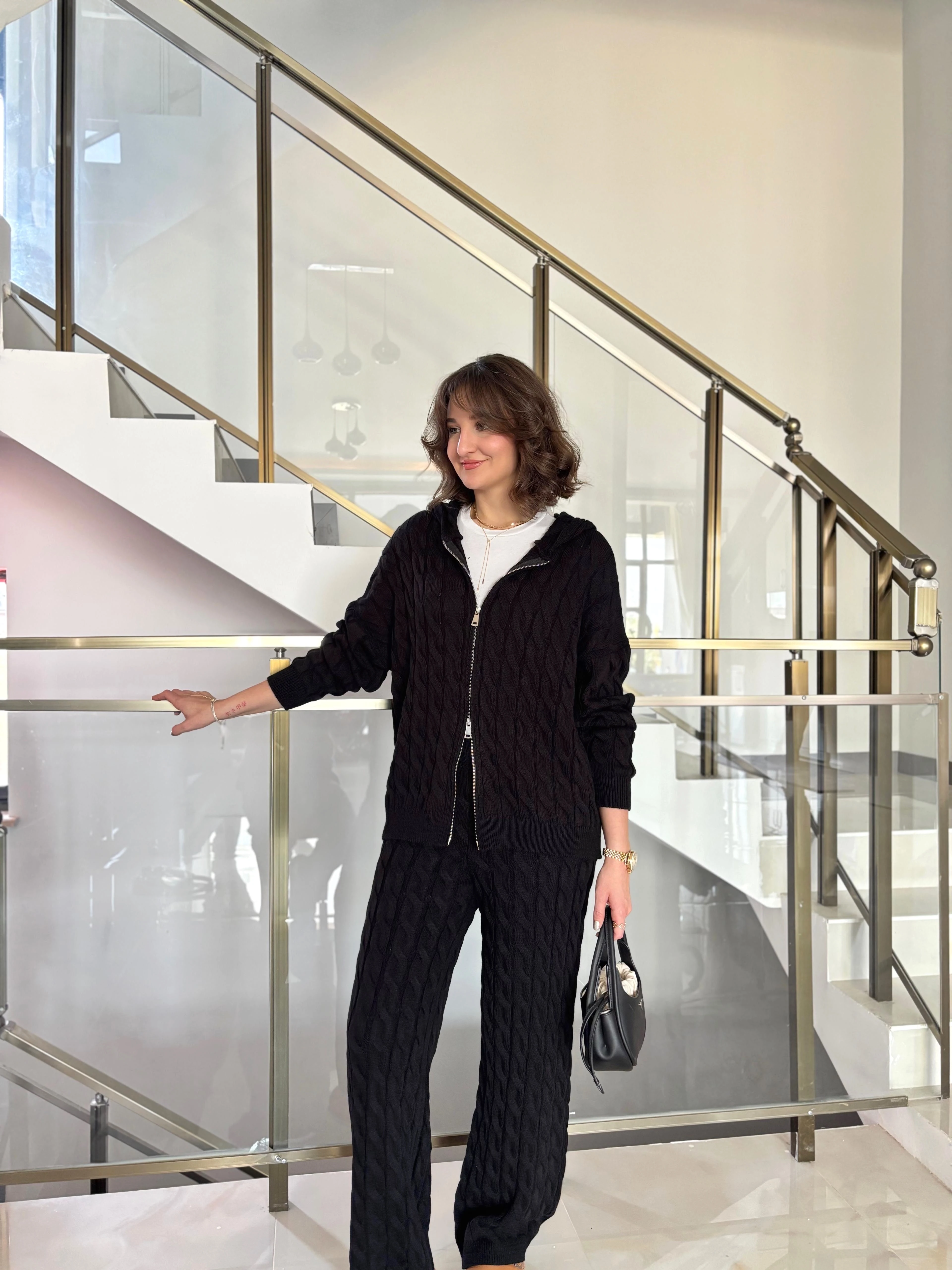 Çift Fermuarlı Saç Örgü Triko Takım