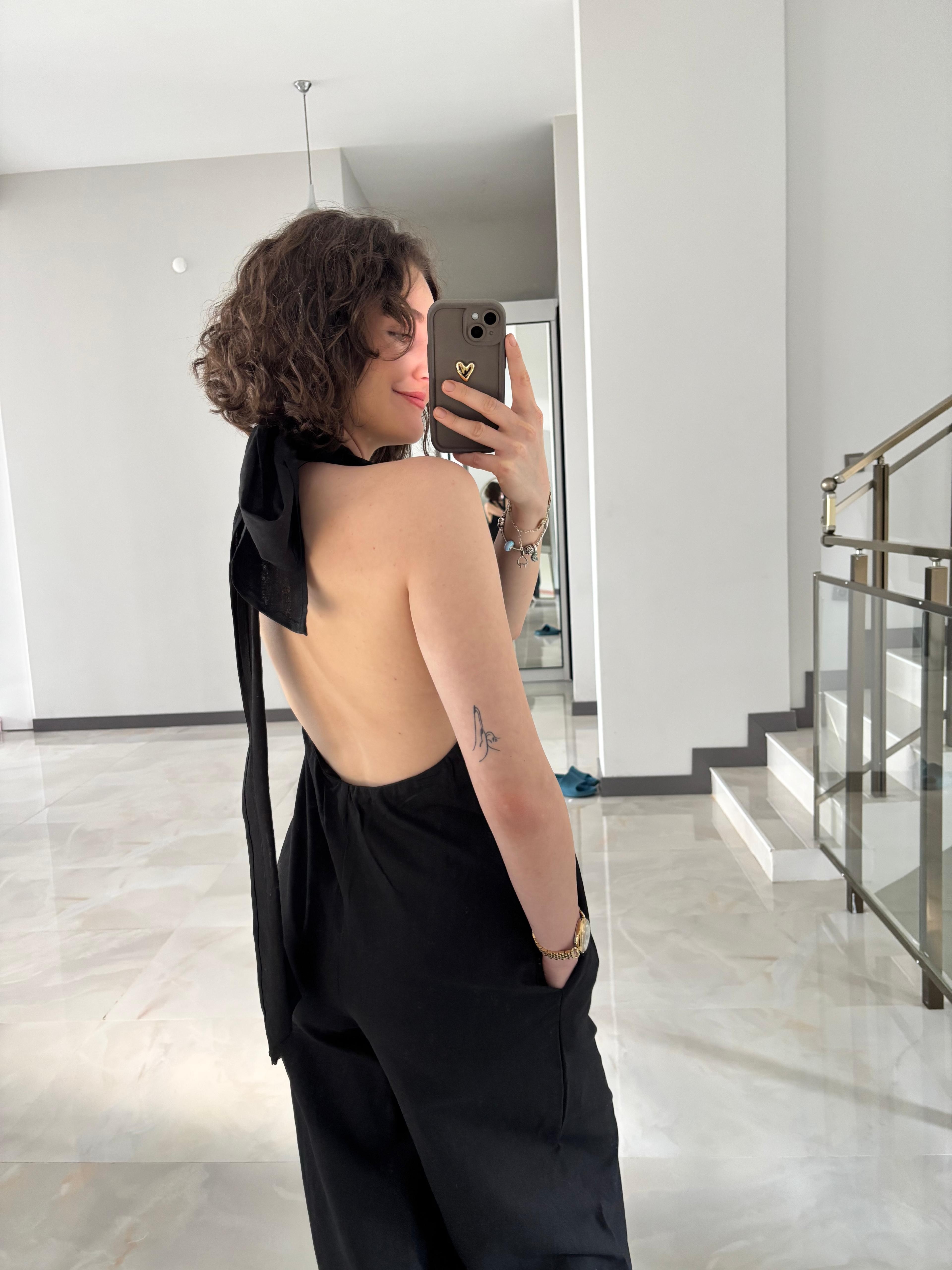 Premium Sırt Dekolteli Keten Tulum