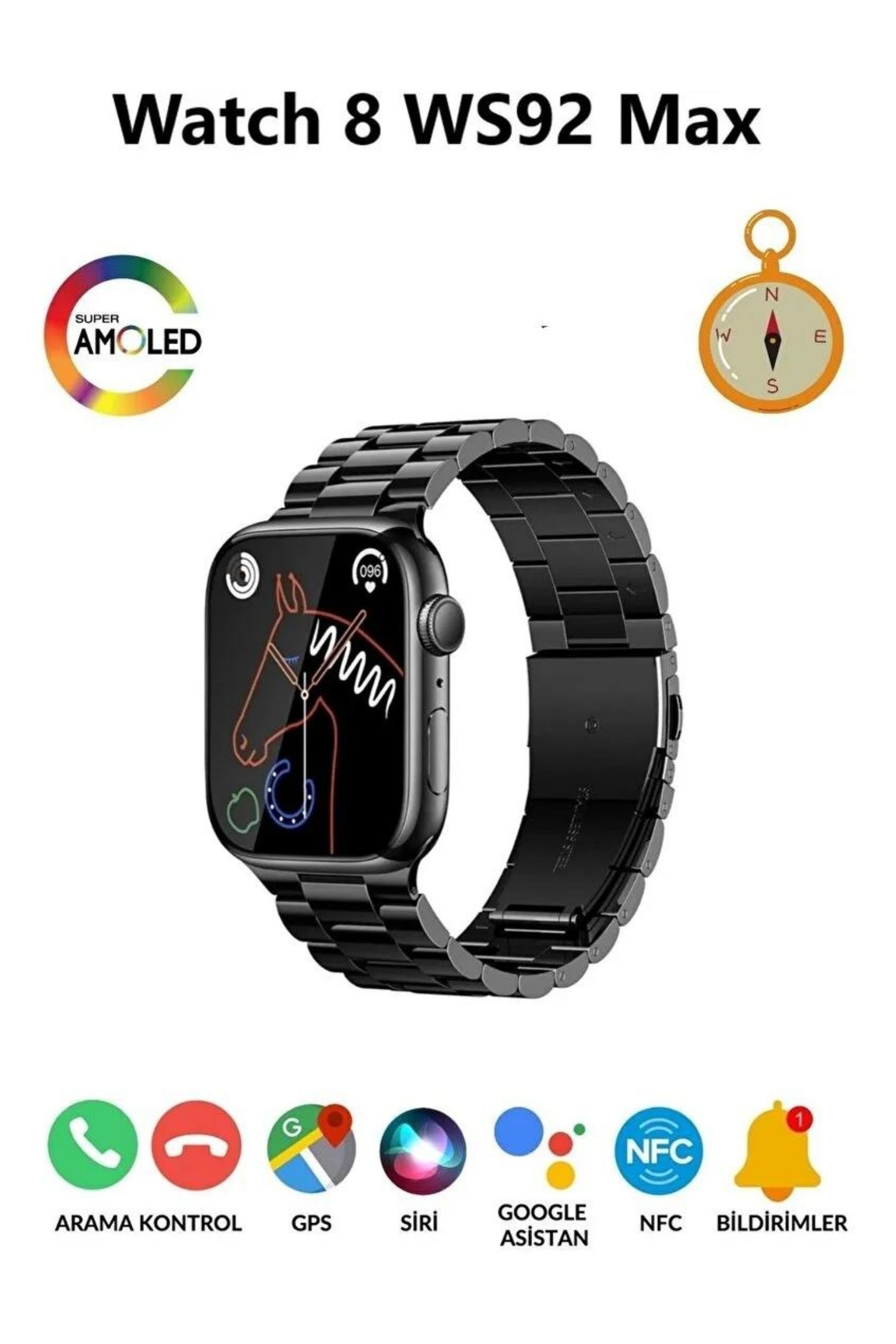 Watch 8 H Serisi Ws92 MAX & MagSafe Battery Pack & 2. Nesil Air Bluetooth Kulaklık (Black Edition)