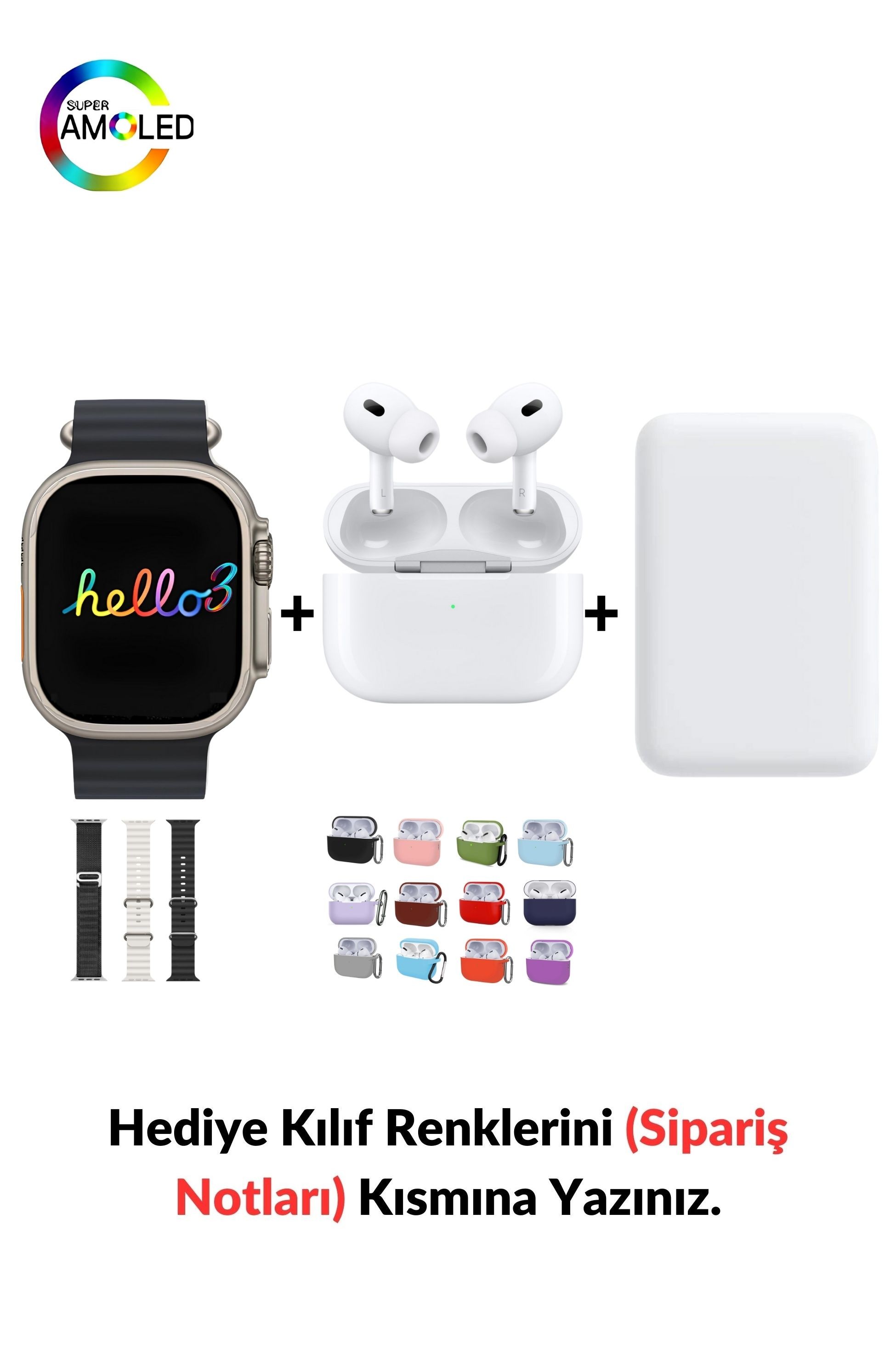 Watch ULTRA Hello 3 Plus+ 49mm & MagSafe Battery Pack & 2. Nesil Air Pro Pre Bluetooth Kulaklık Aktif Gürültü Engelleme Ve Şeffaf Mod